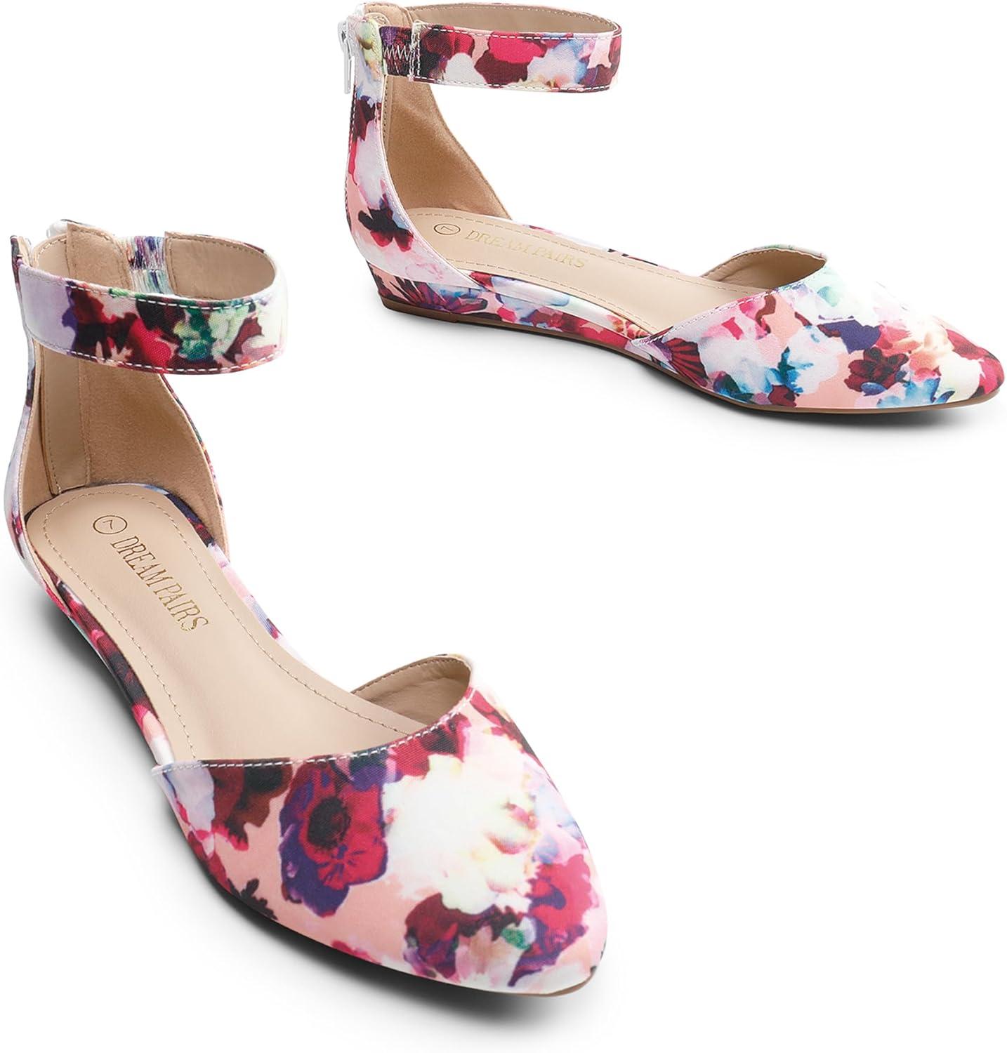 imageDREAM PAIRS Womens Low Wedge Round Toe Ankle Strap Dress Comfortable Casual Flats ShoesFloral