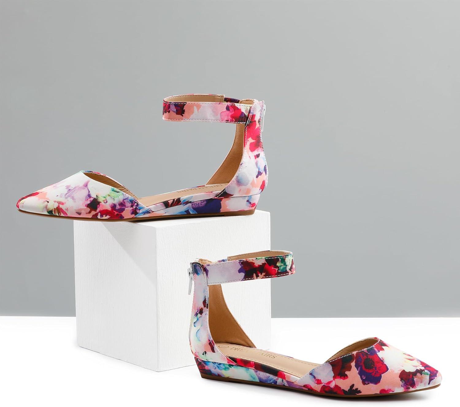 imageDREAM PAIRS Womens Low Wedge Round Toe Ankle Strap Dress Comfortable Casual Flats ShoesFloral