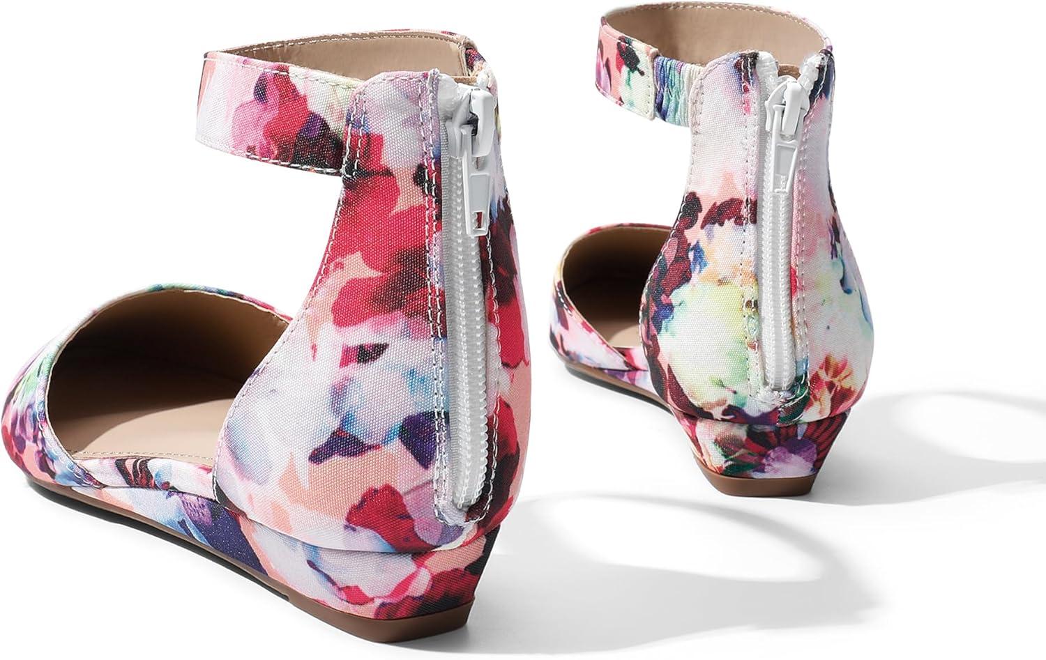 imageDREAM PAIRS Womens Low Wedge Round Toe Ankle Strap Dress Comfortable Casual Flats ShoesFloral