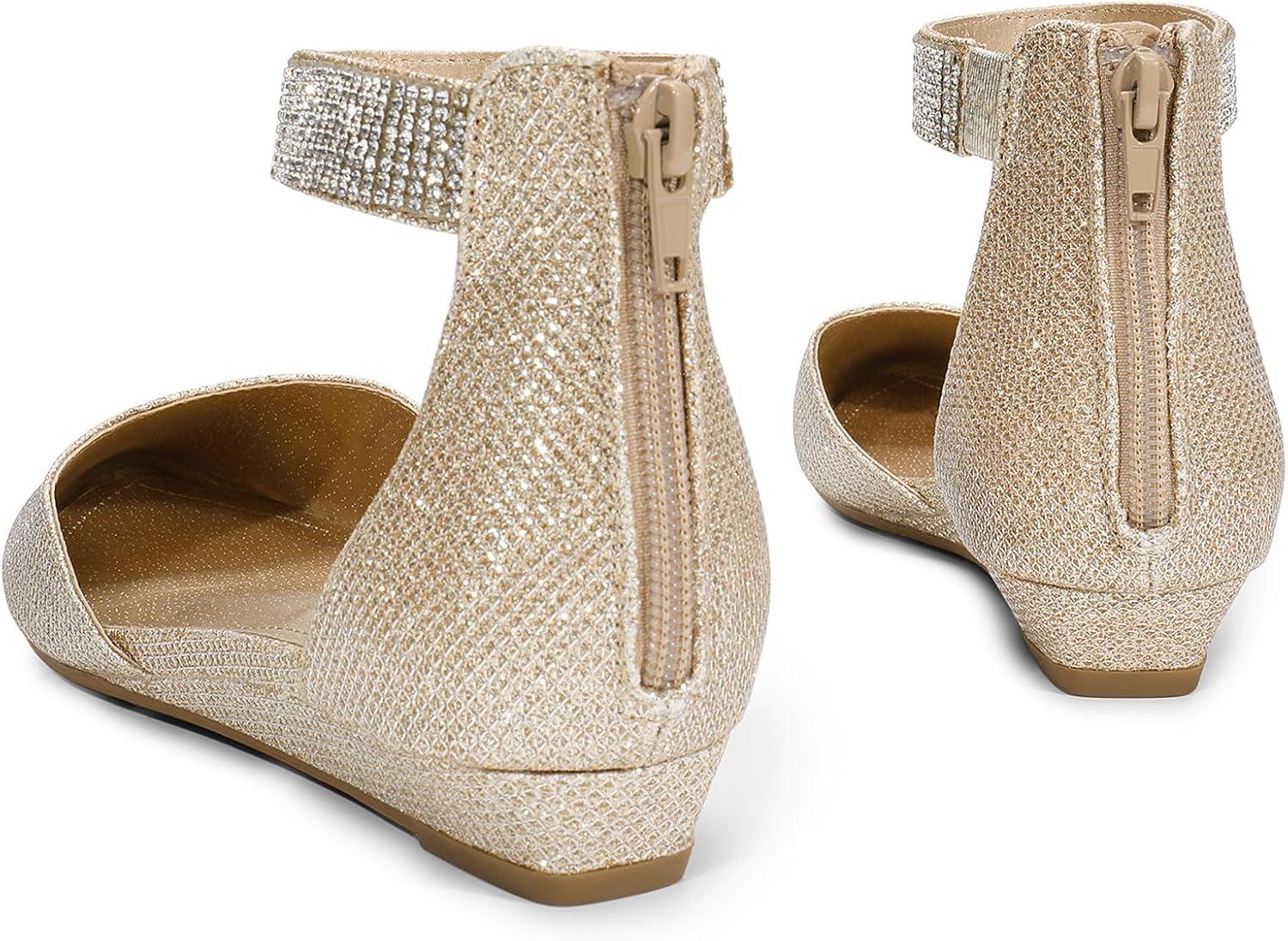 imageDREAM PAIRS Womens Low Wedge Round Toe Ankle Strap Dress Comfortable Casual Flats ShoesGoldGlitter