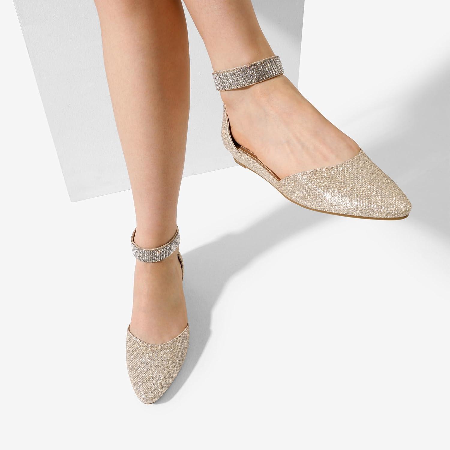 imageDREAM PAIRS Womens Low Wedge Round Toe Ankle Strap Dress Comfortable Casual Flats ShoesGoldGlitter