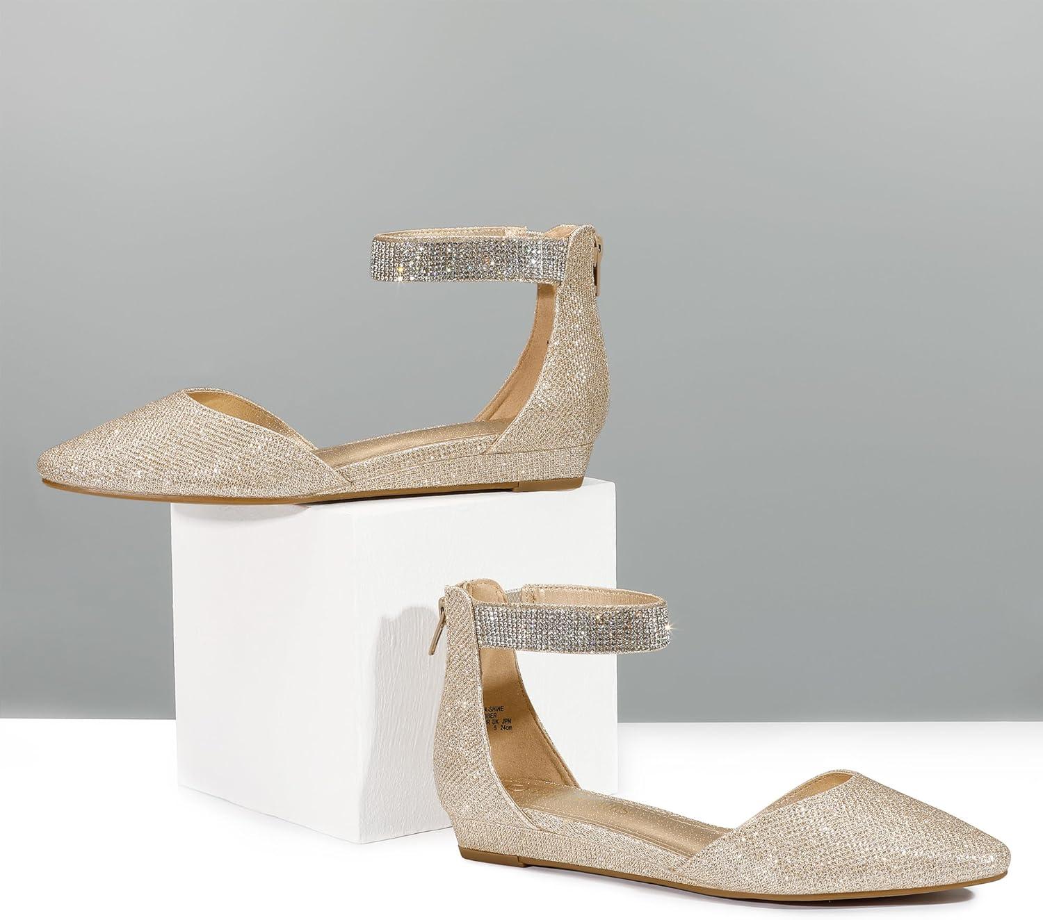 imageDREAM PAIRS Womens Low Wedge Round Toe Ankle Strap Dress Comfortable Casual Flats ShoesGoldGlitter