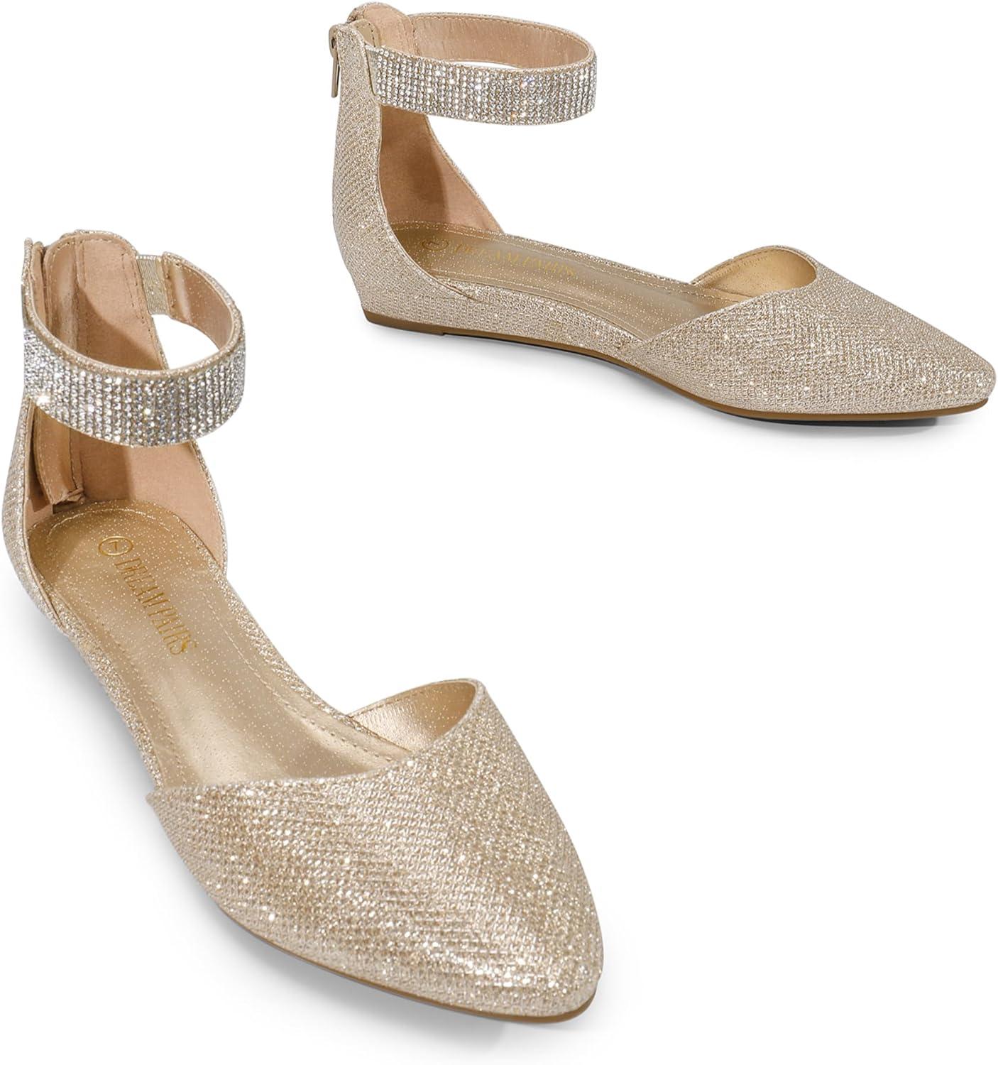 imageDREAM PAIRS Womens Low Wedge Round Toe Ankle Strap Dress Comfortable Casual Flats ShoesGoldGlitter