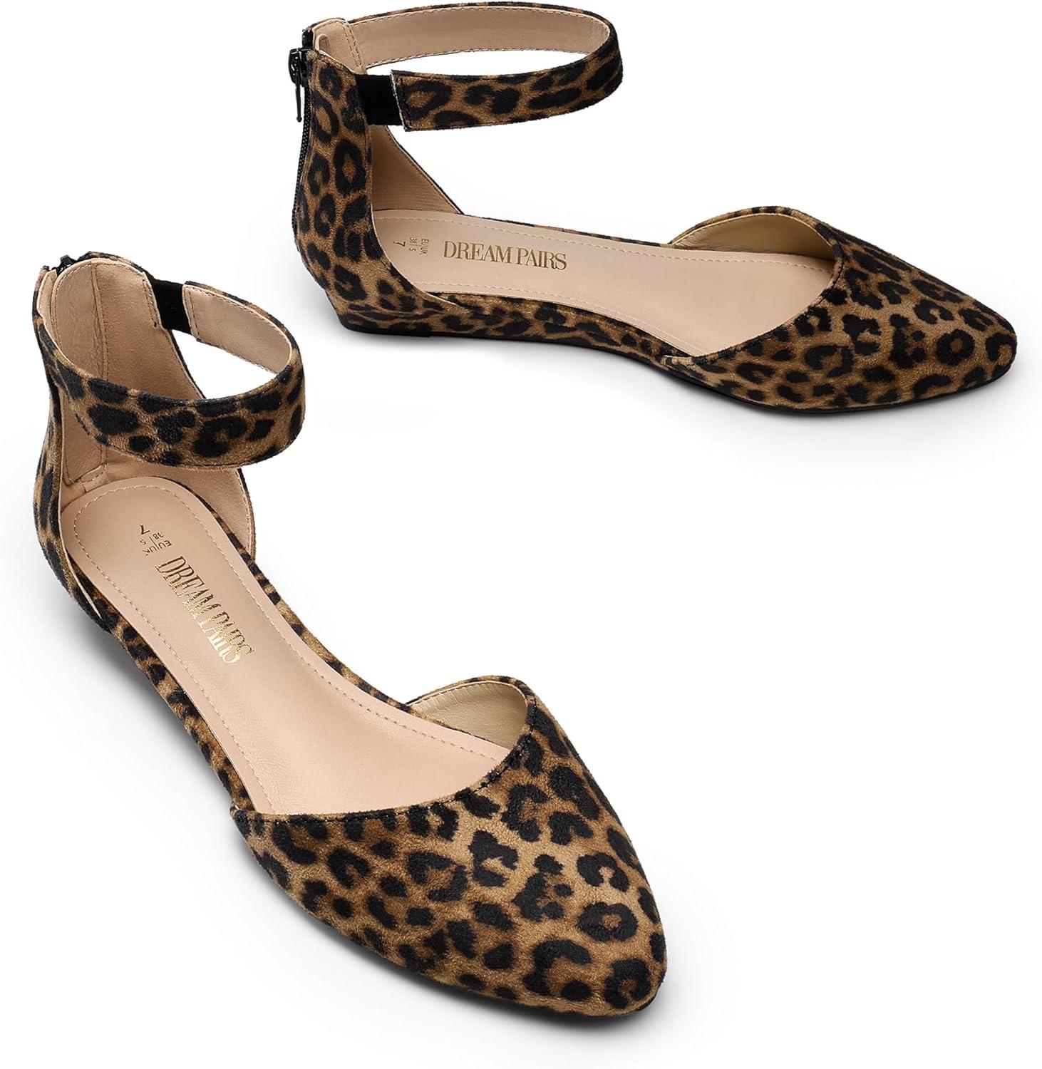 imageDREAM PAIRS Womens Low Wedge Round Toe Ankle Strap Dress Comfortable Casual Flats ShoesLeopardsuede