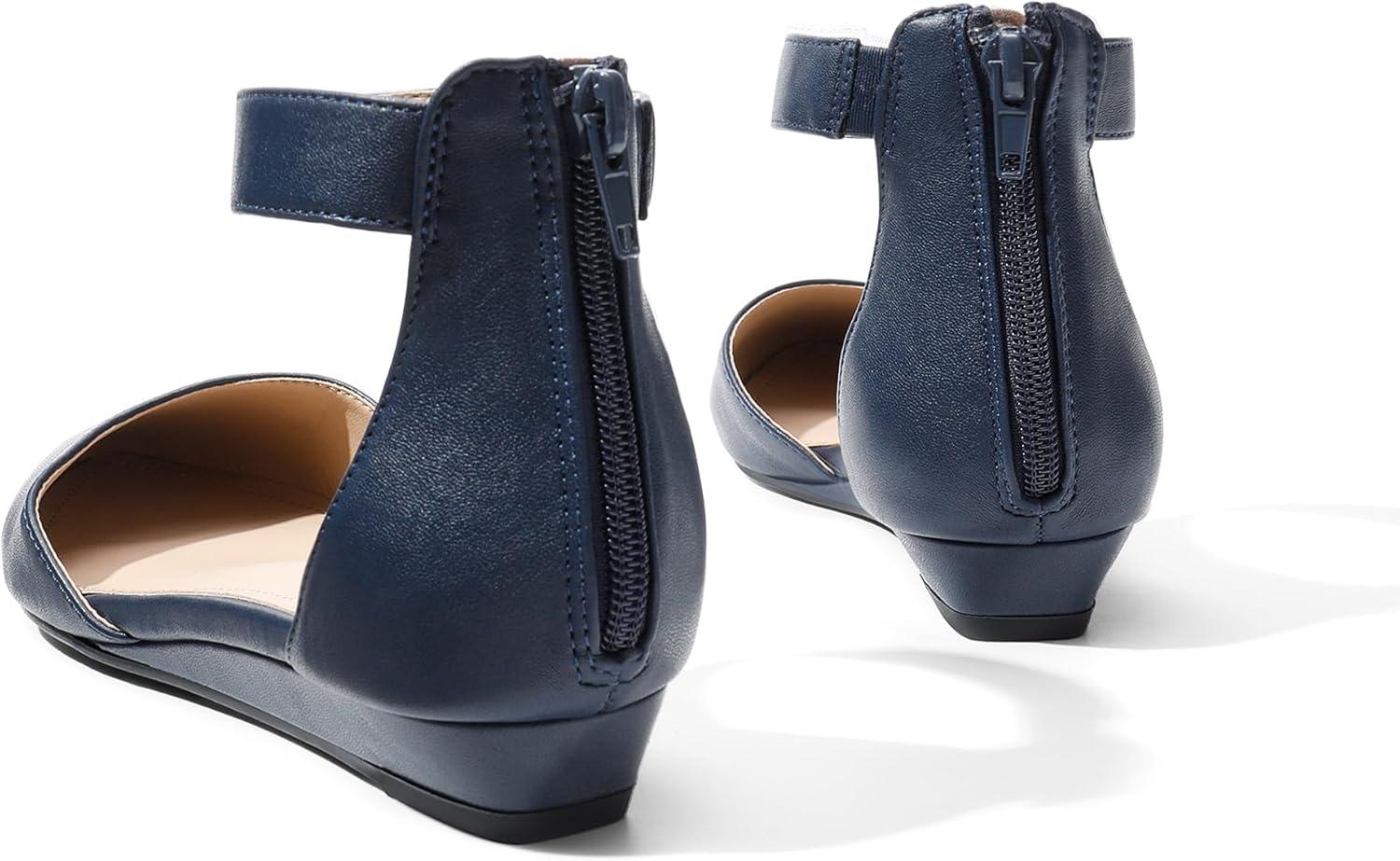 imageDREAM PAIRS Womens Low Wedge Round Toe Ankle Strap Dress Comfortable Casual Flats ShoesNavyPu