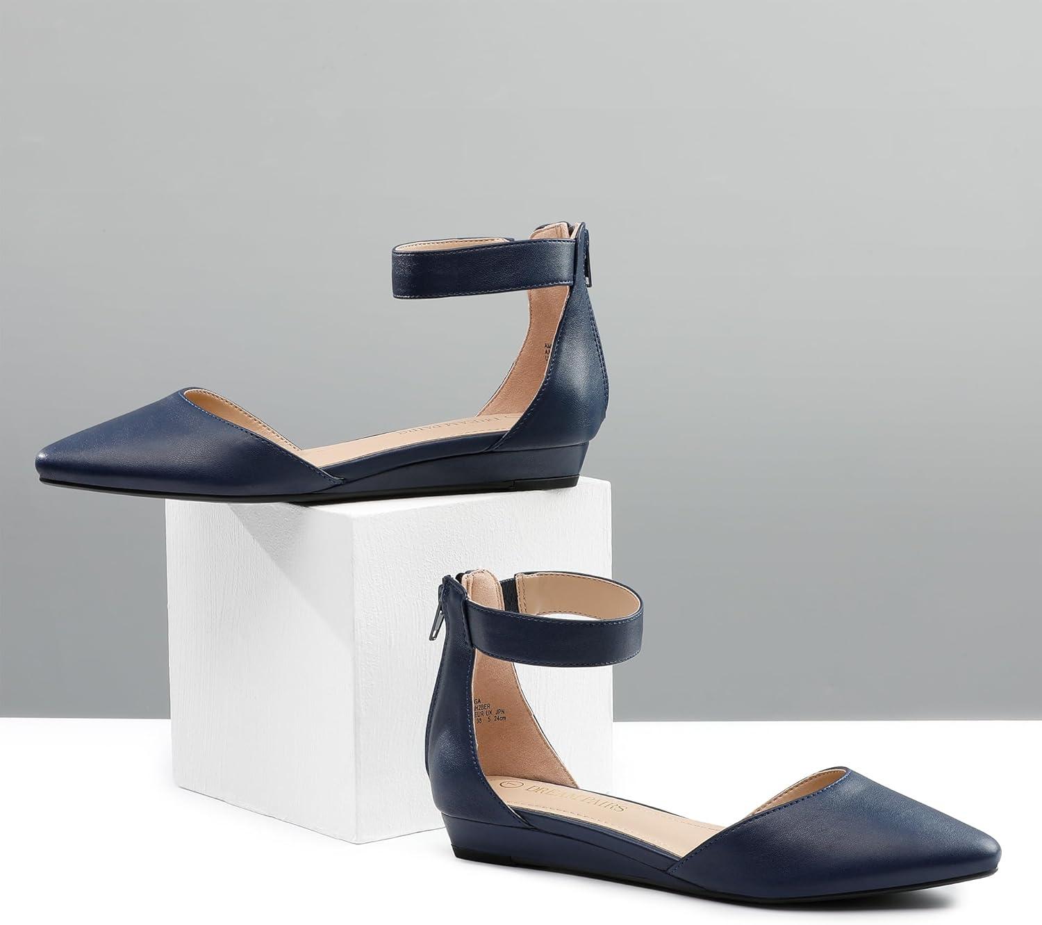 imageDREAM PAIRS Womens Low Wedge Round Toe Ankle Strap Dress Comfortable Casual Flats ShoesNavyPu