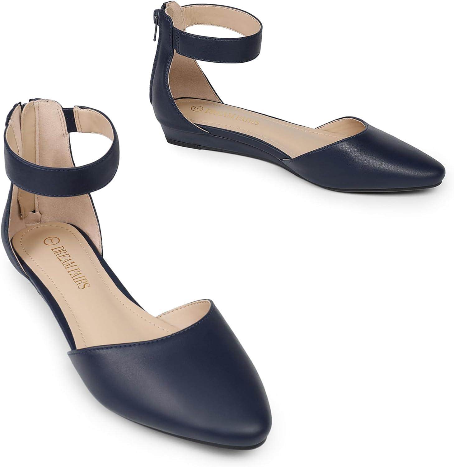 imageDREAM PAIRS Womens Low Wedge Round Toe Ankle Strap Dress Comfortable Casual Flats ShoesNavyPu