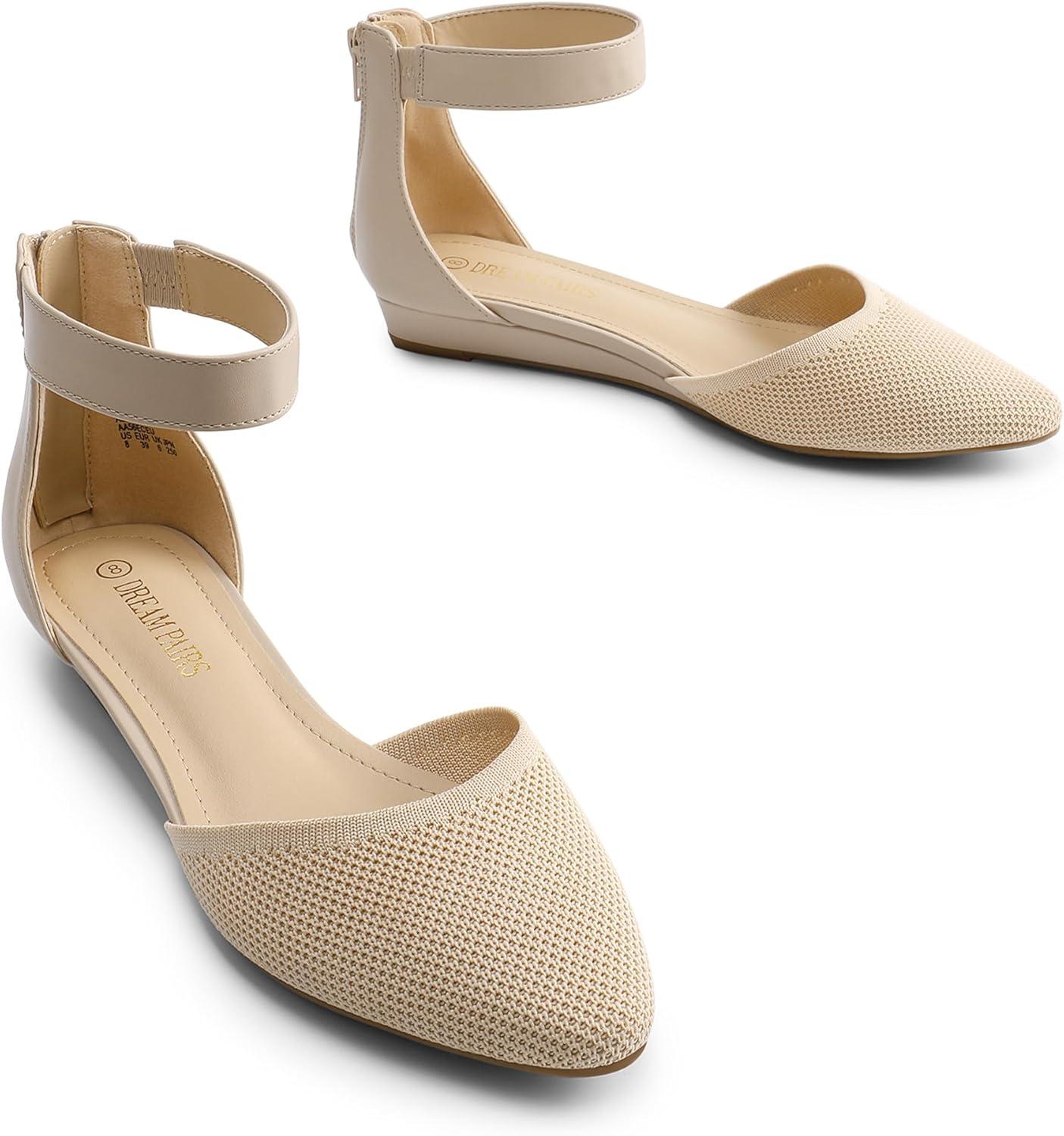 imageDREAM PAIRS Womens Low Wedge Round Toe Ankle Strap Dress Comfortable Casual Flats ShoesNudeknit