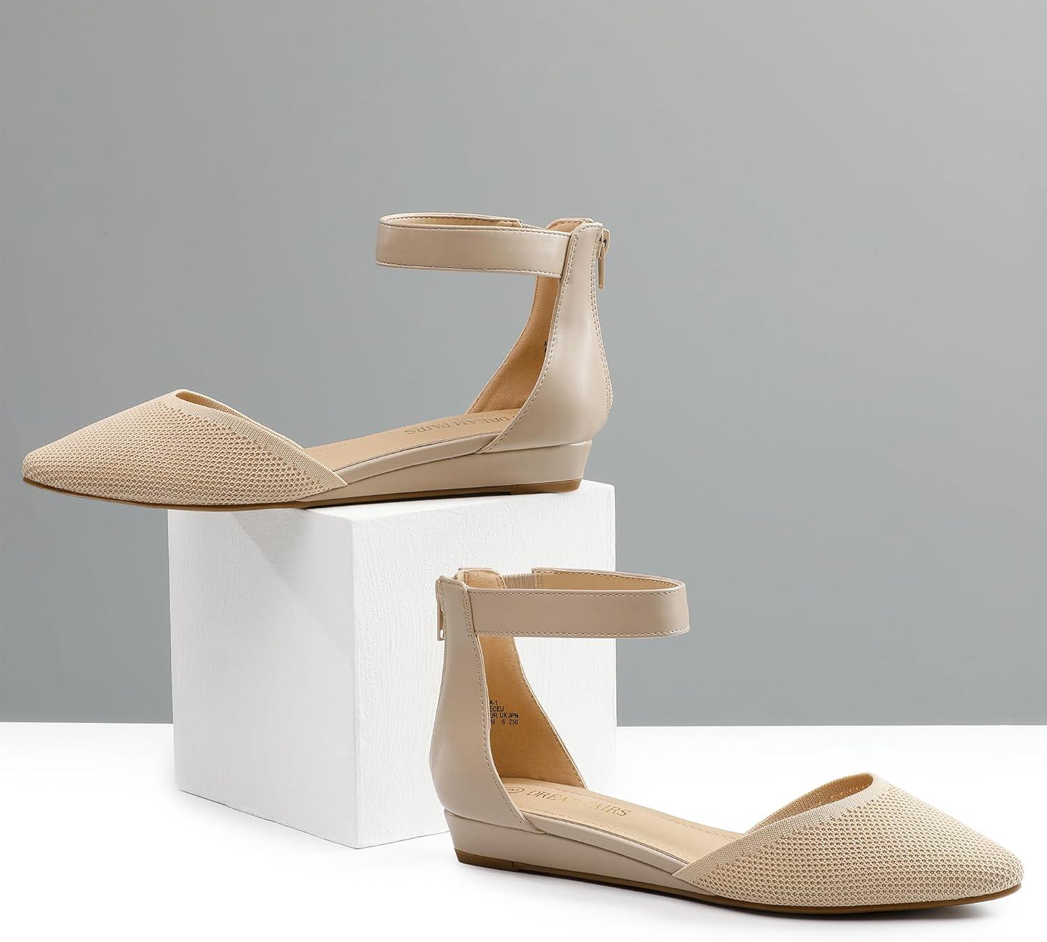 imageDREAM PAIRS Womens Low Wedge Round Toe Ankle Strap Dress Comfortable Casual Flats ShoesNudeknit