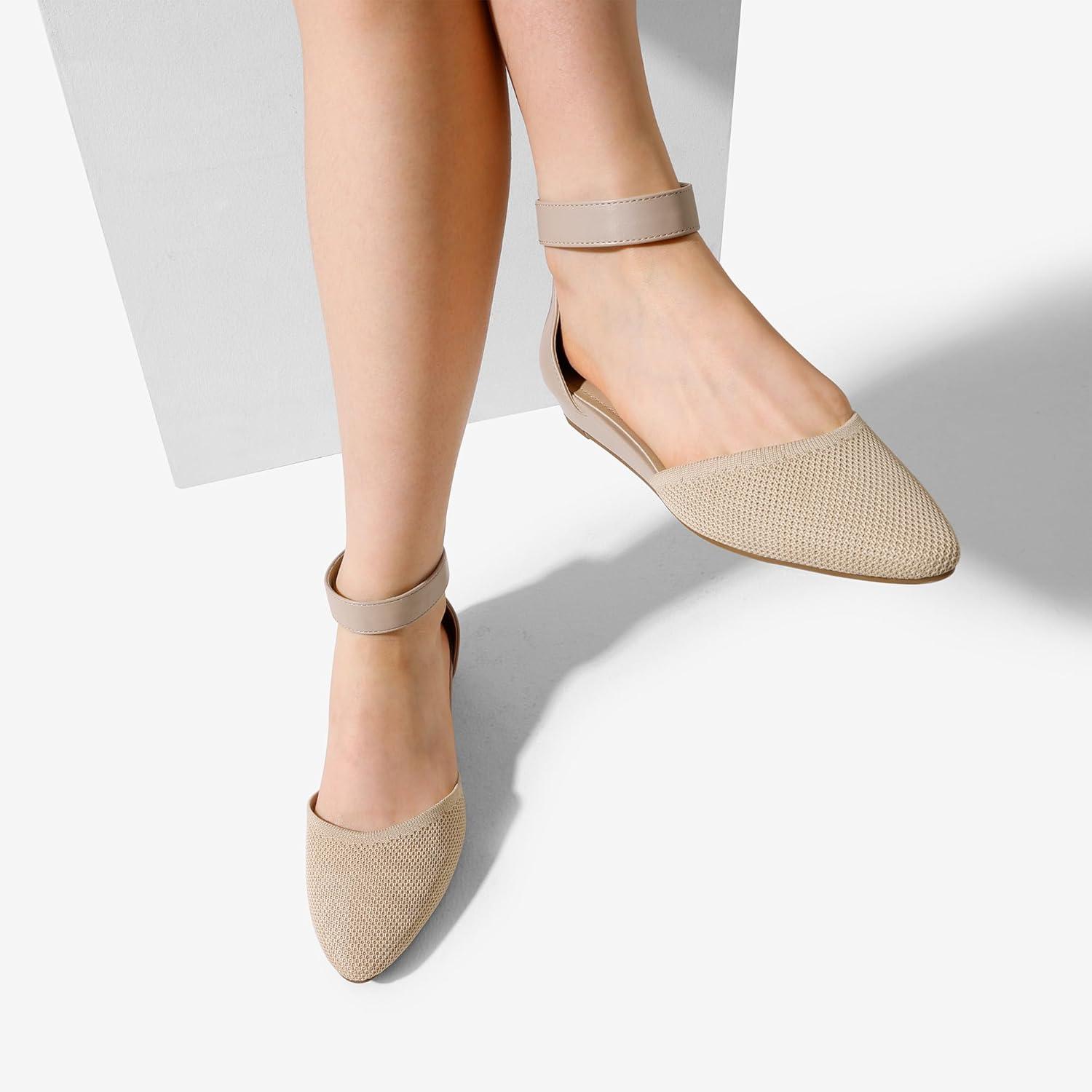 imageDREAM PAIRS Womens Low Wedge Round Toe Ankle Strap Dress Comfortable Casual Flats ShoesNudeknit