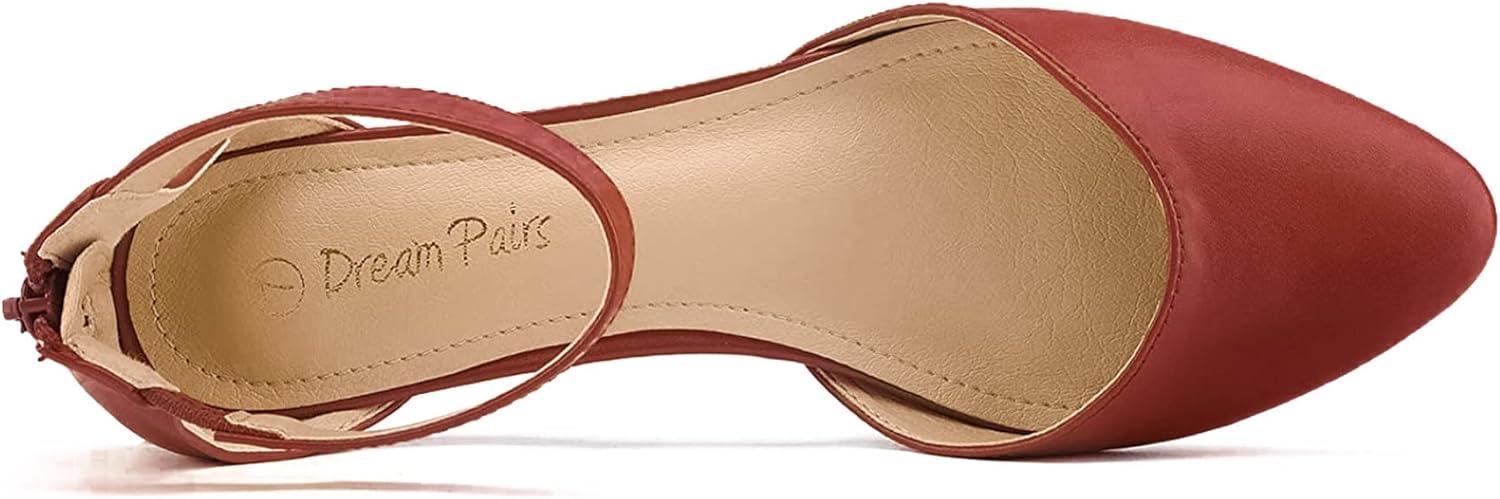 imageDREAM PAIRS Womens Low Wedge Round Toe Ankle Strap Dress Comfortable Casual Flats ShoesRedPu