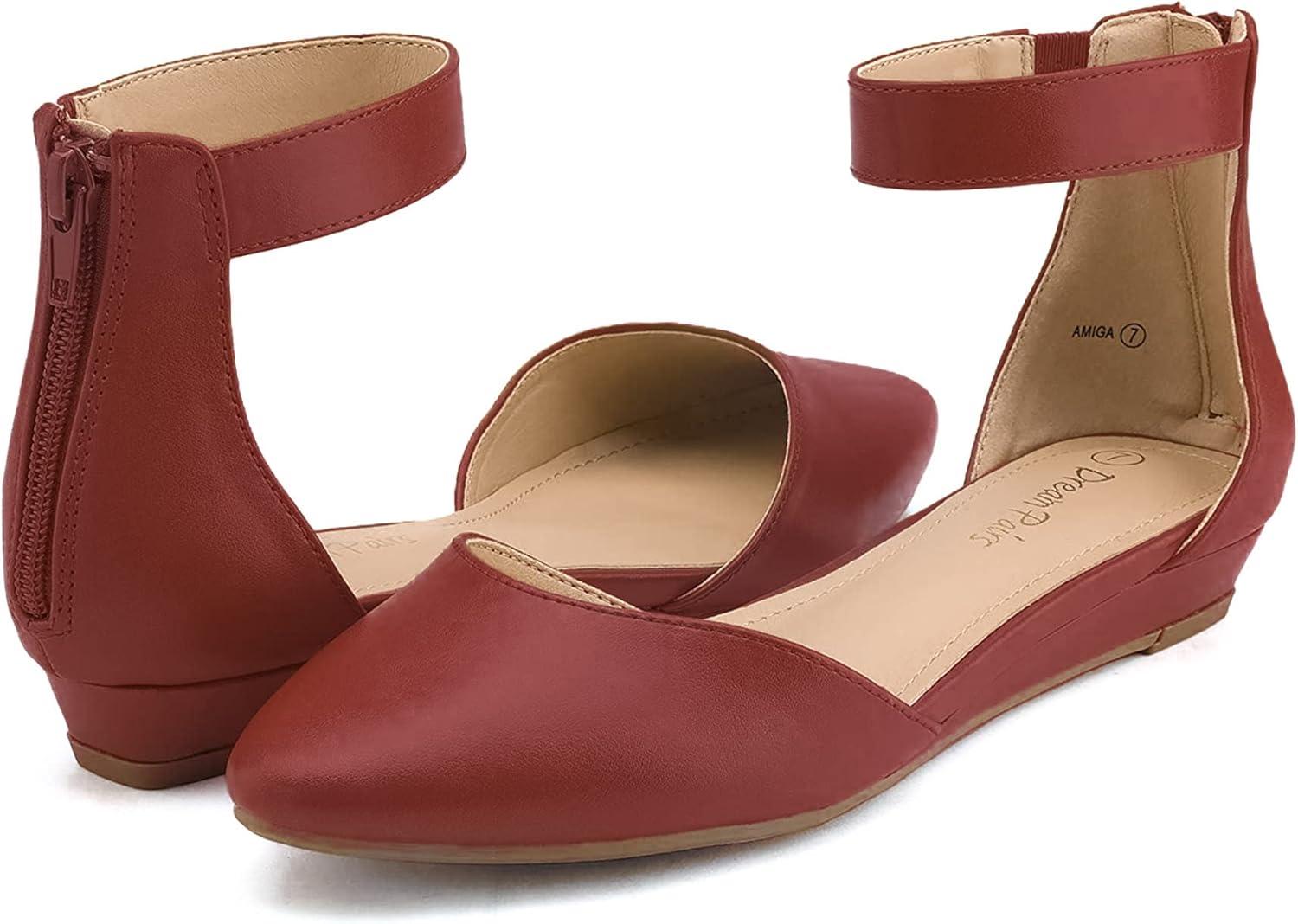 imageDREAM PAIRS Womens Low Wedge Round Toe Ankle Strap Dress Comfortable Casual Flats ShoesRedPu