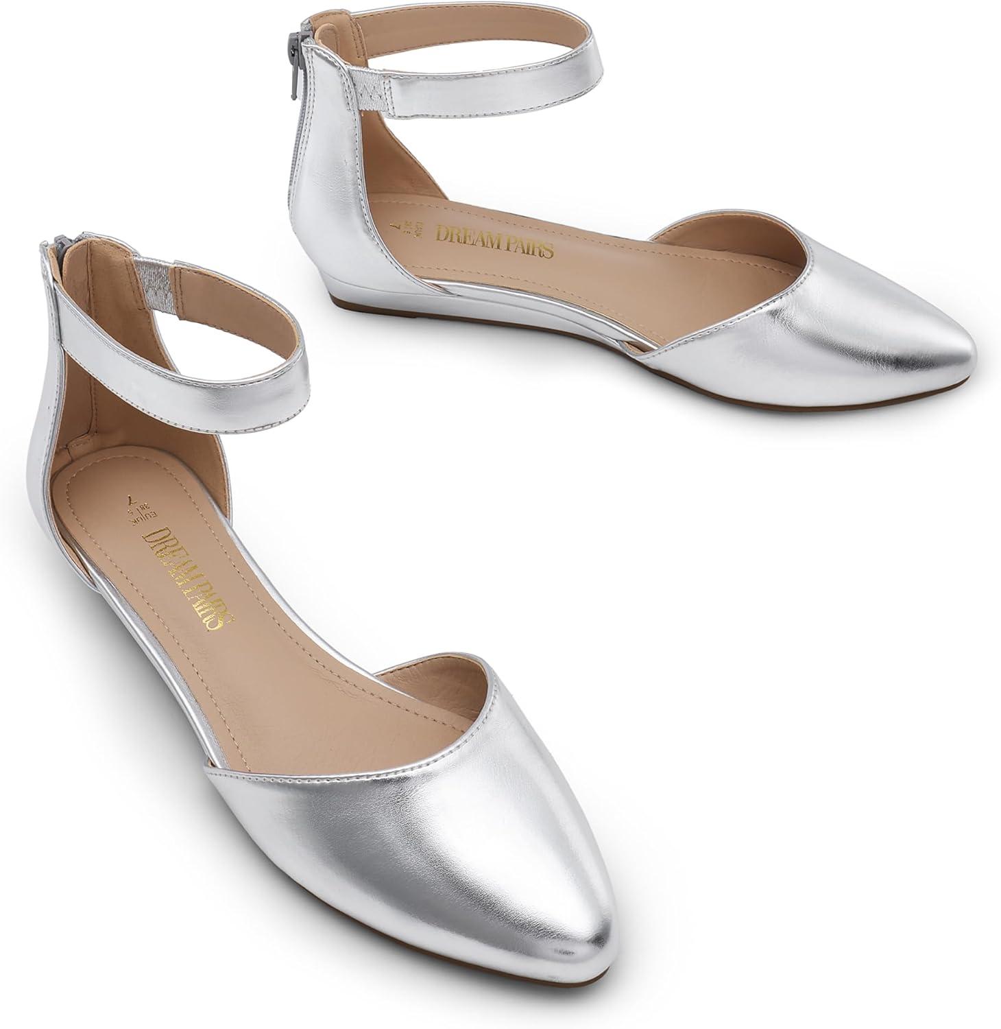 imageDREAM PAIRS Womens Low Wedge Round Toe Ankle Strap Dress Comfortable Casual Flats ShoesSilver