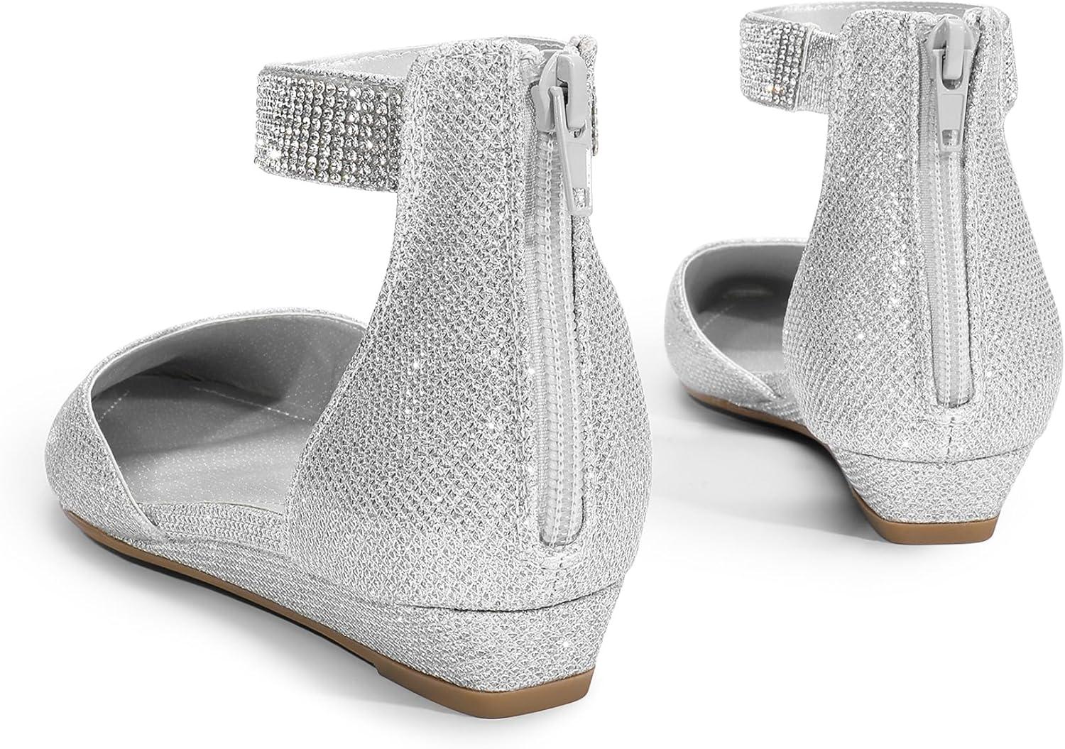 imageDREAM PAIRS Womens Low Wedge Round Toe Ankle Strap Dress Comfortable Casual Flats ShoesSilverGlitter