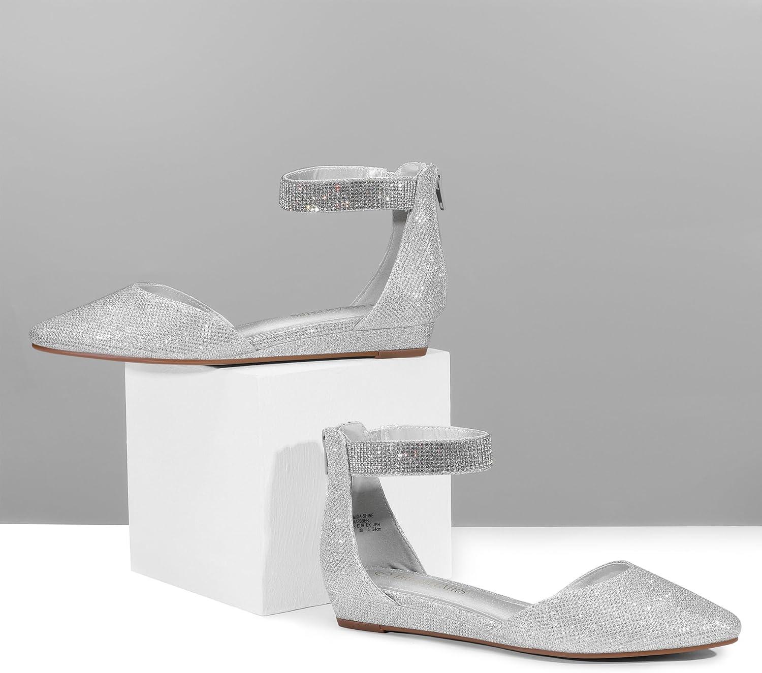 imageDREAM PAIRS Womens Low Wedge Round Toe Ankle Strap Dress Comfortable Casual Flats ShoesSilverGlitter