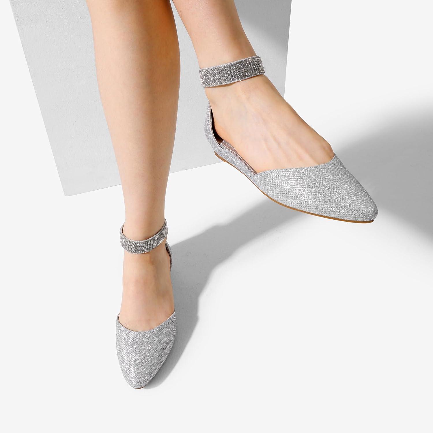 imageDREAM PAIRS Womens Low Wedge Round Toe Ankle Strap Dress Comfortable Casual Flats ShoesSilverGlitter