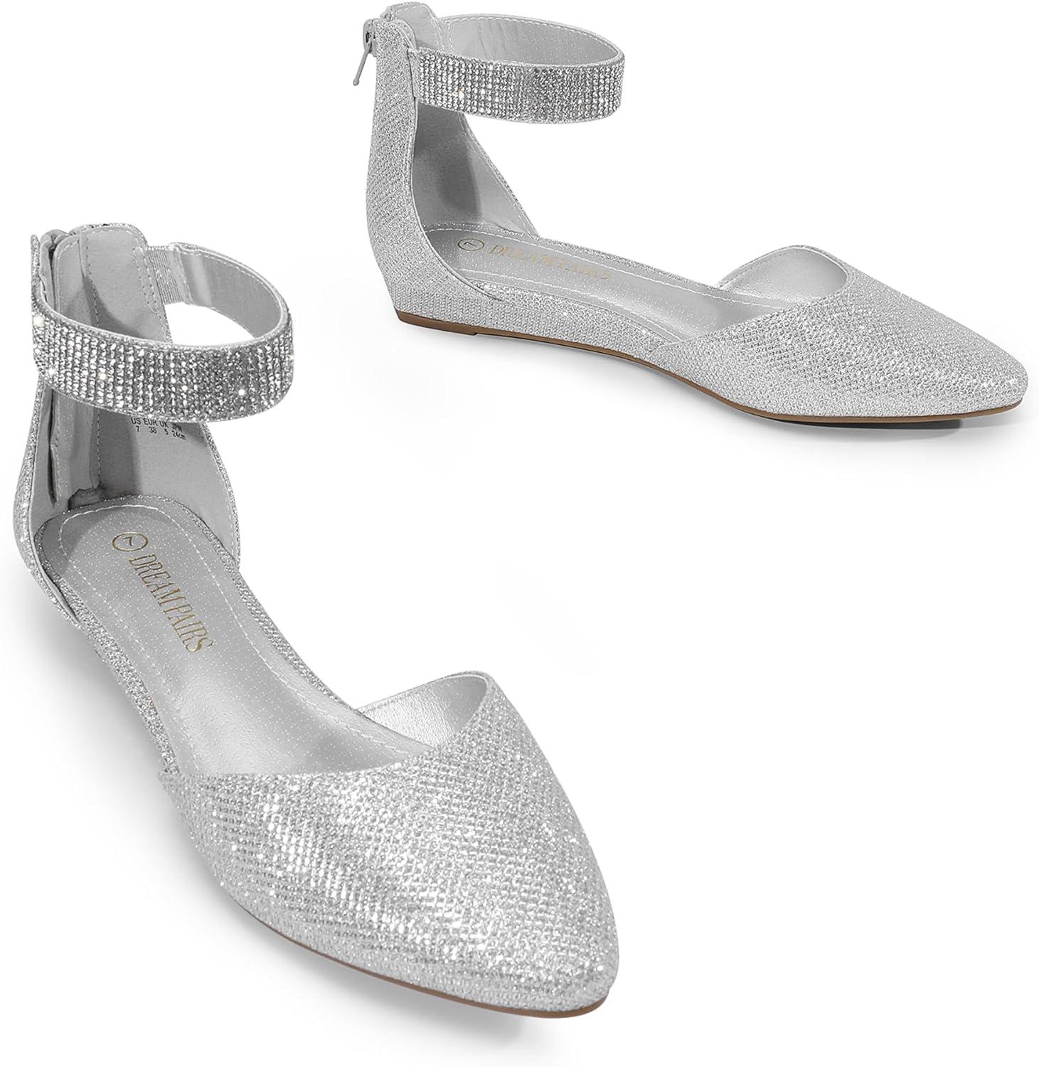 imageDREAM PAIRS Womens Low Wedge Round Toe Ankle Strap Dress Comfortable Casual Flats ShoesSilverGlitter