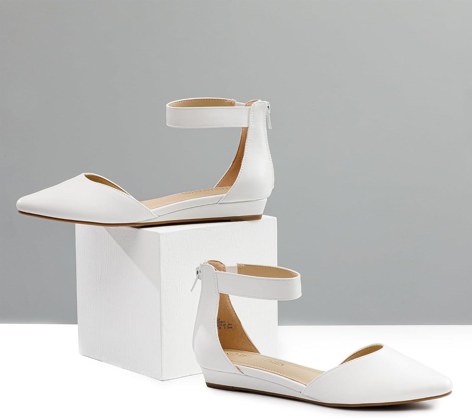 imageDREAM PAIRS Womens Low Wedge Round Toe Ankle Strap Dress Comfortable Casual Flats ShoesWhitePu