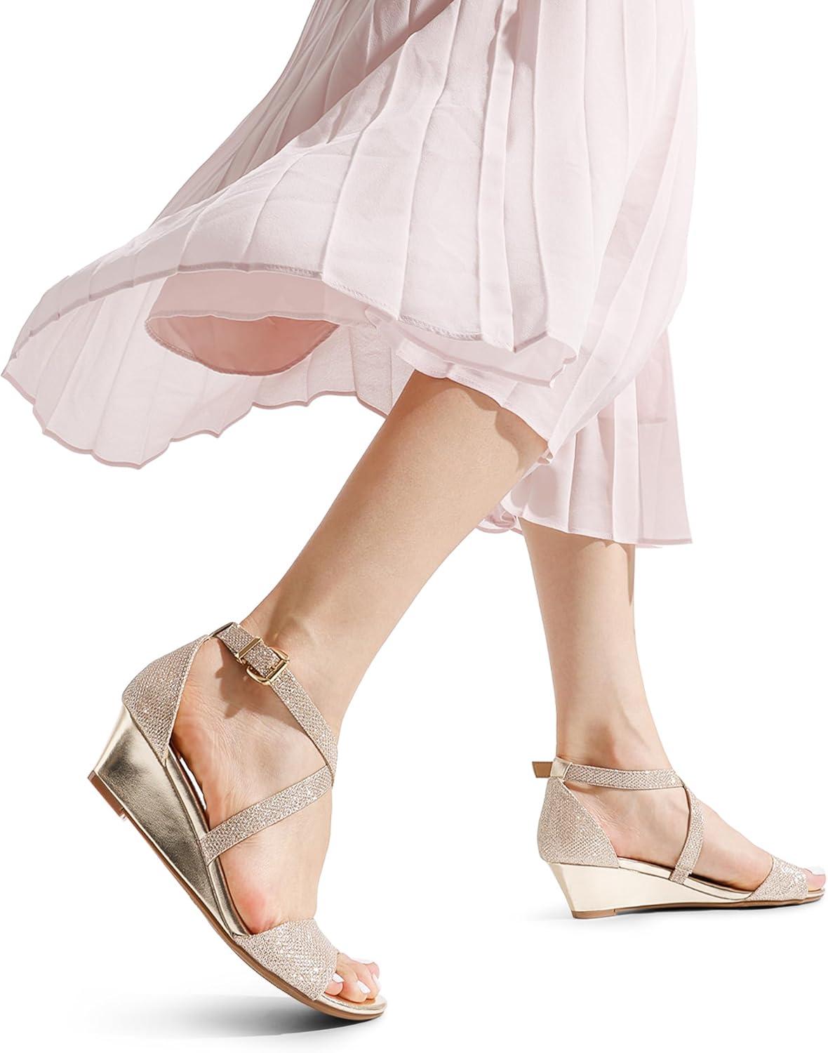 imageDREAM PAIRS Womens Low Wedge Sandals Ankle Strap Heel Sandal Open Toe Wide Dress Summer ShoesGold