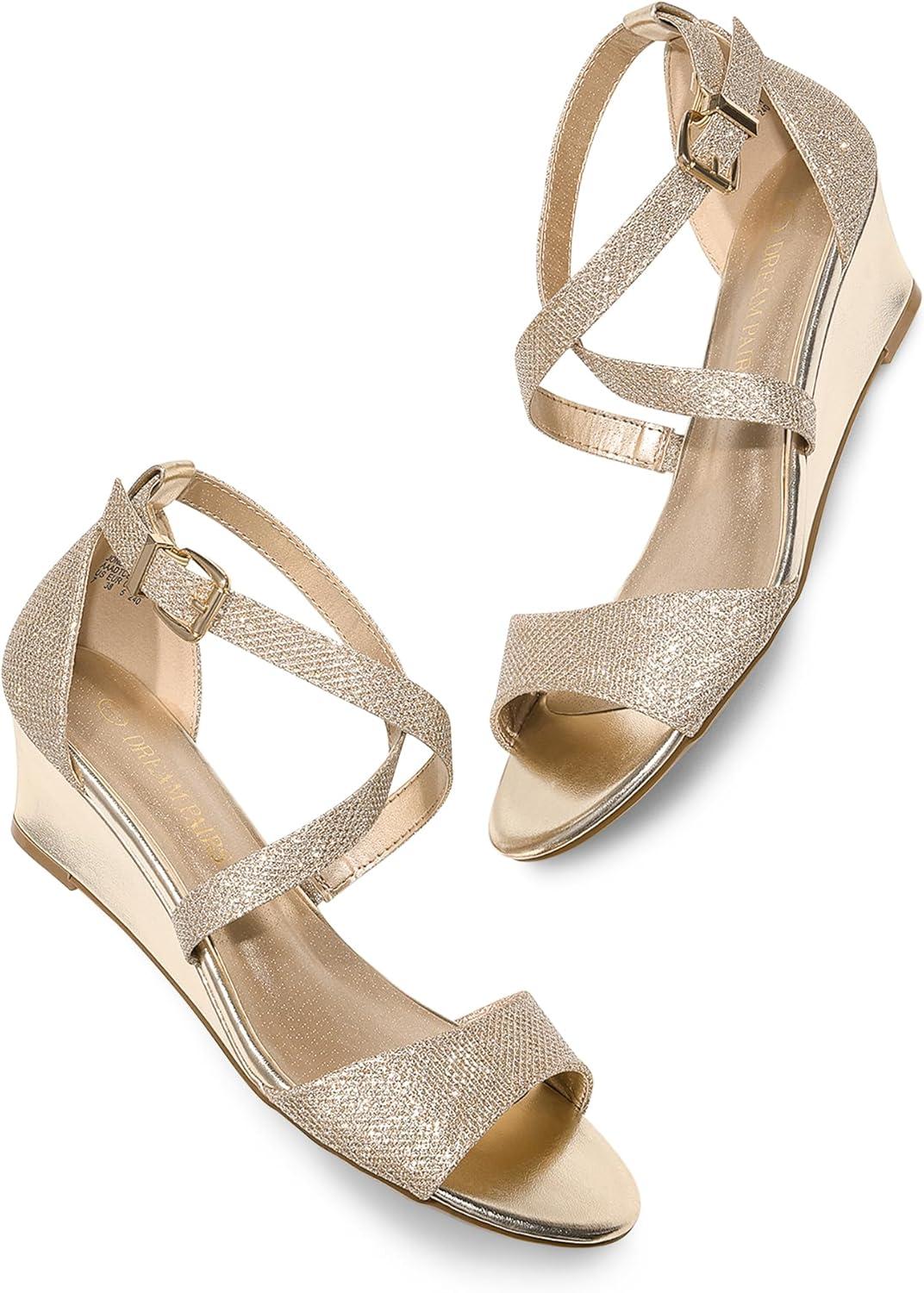 imageDREAM PAIRS Womens Low Wedge Sandals Ankle Strap Heel Sandal Open Toe Wide Dress Summer ShoesGold