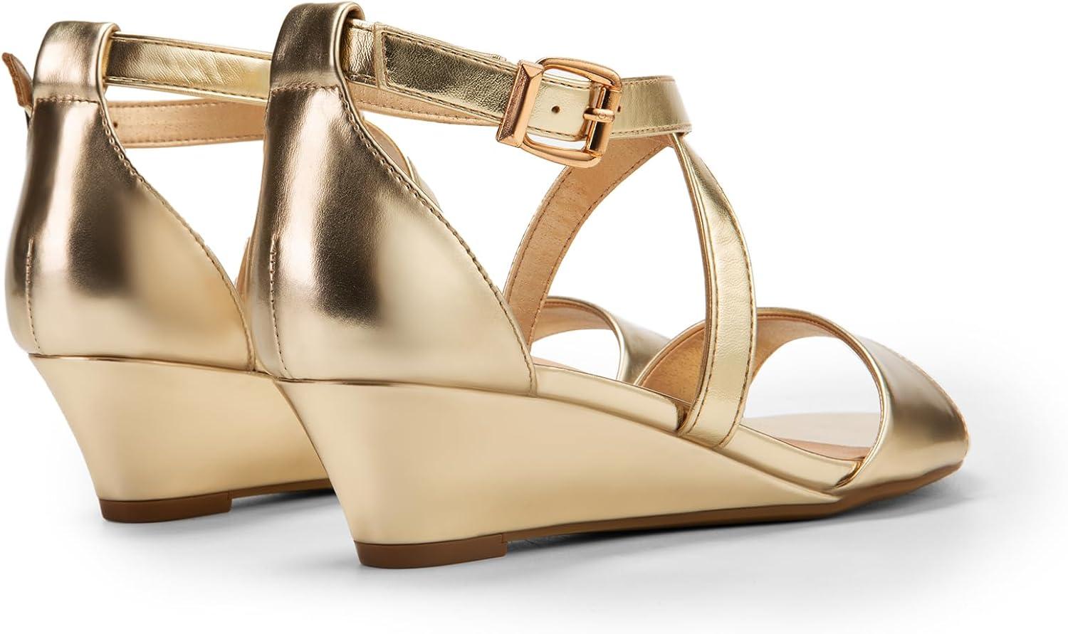 imageDREAM PAIRS Womens Low Wedge Sandals Ankle Strap Heel Sandal Open Toe Wide Dress Summer ShoesGoldpu