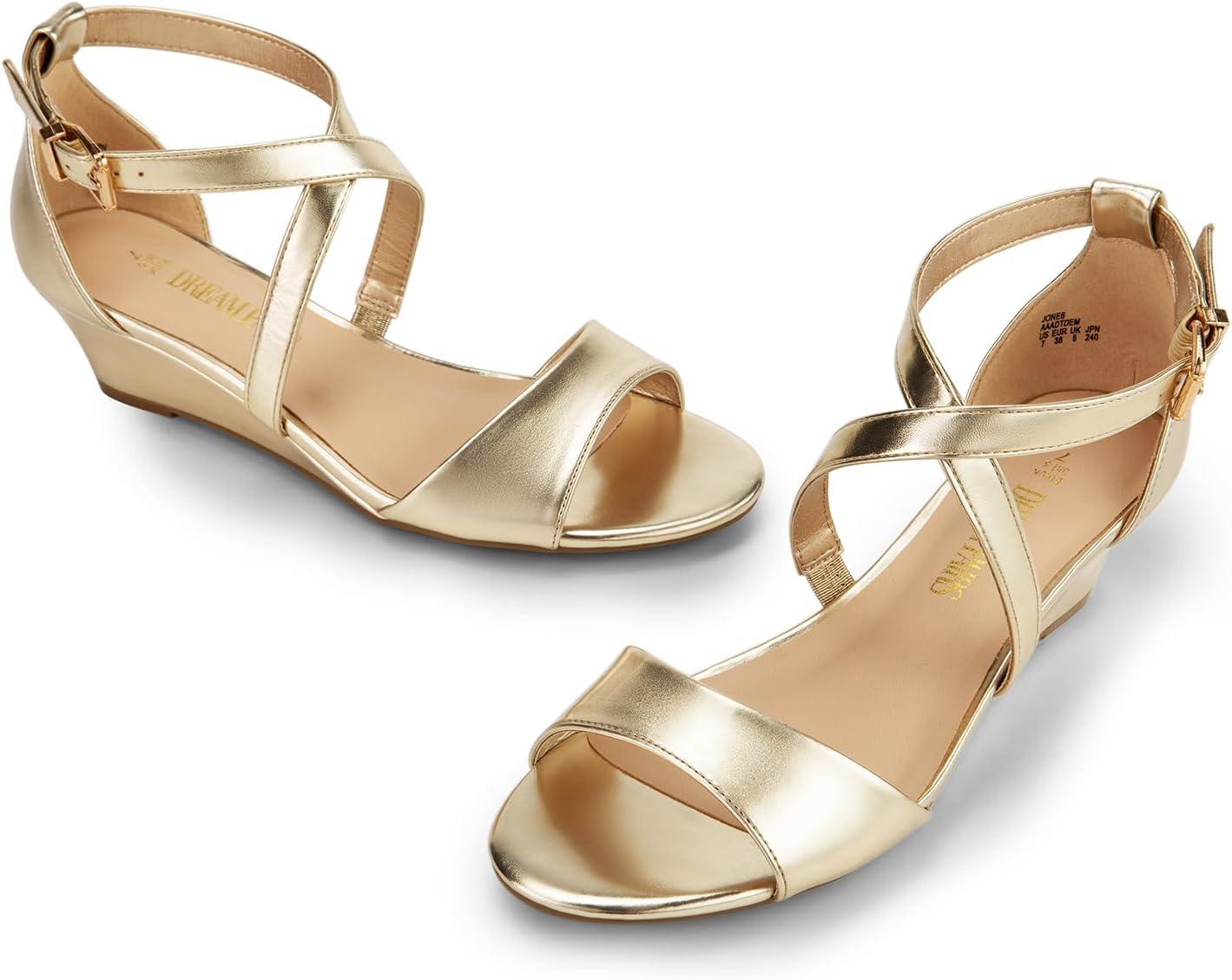 imageDREAM PAIRS Womens Low Wedge Sandals Ankle Strap Heel Sandal Open Toe Wide Dress Summer ShoesGoldpu