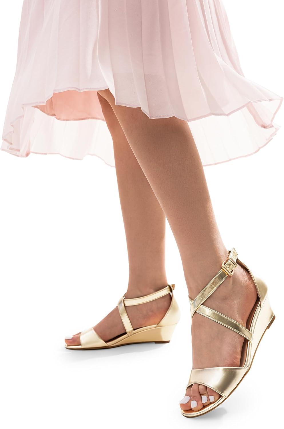 imageDREAM PAIRS Womens Low Wedge Sandals Ankle Strap Heel Sandal Open Toe Wide Dress Summer ShoesGoldpu