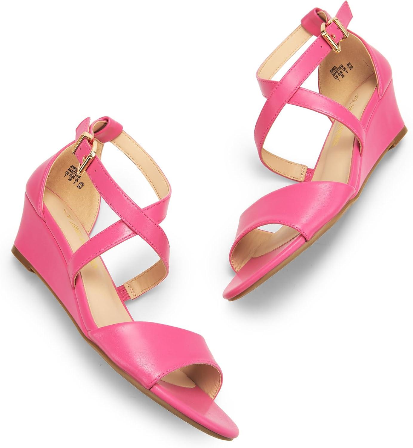 imageDREAM PAIRS Womens Low Wedge Sandals Ankle Strap Heel Sandal Open Toe Wide Dress Summer ShoesHot Pinkpu