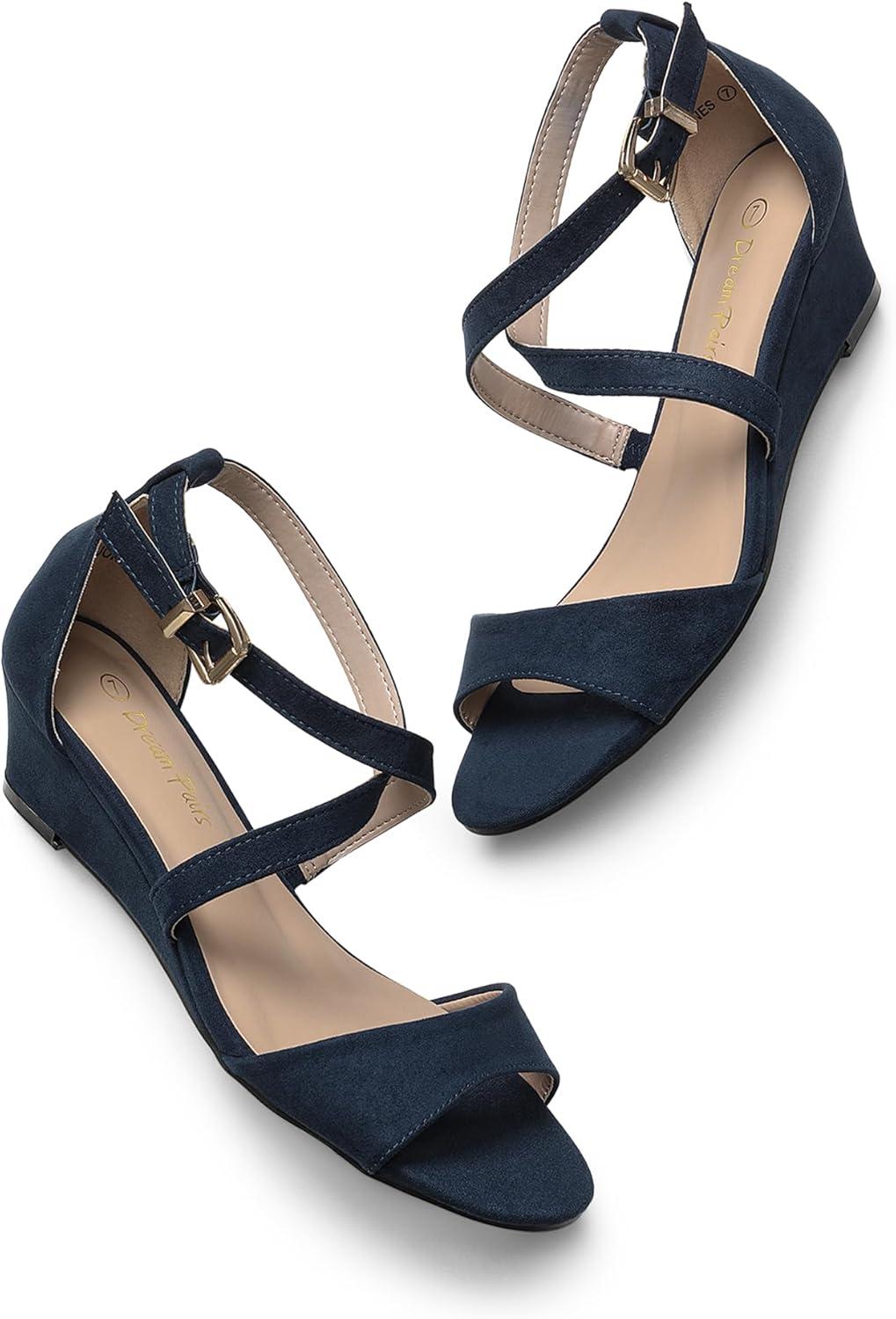 imageDREAM PAIRS Womens Low Wedge Sandals Ankle Strap Heel Sandal Open Toe Wide Dress Summer ShoesNavy Suede