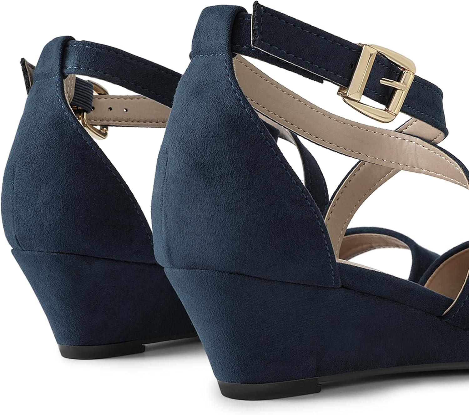 imageDREAM PAIRS Womens Low Wedge Sandals Ankle Strap Heel Sandal Open Toe Wide Dress Summer ShoesNavy Suede