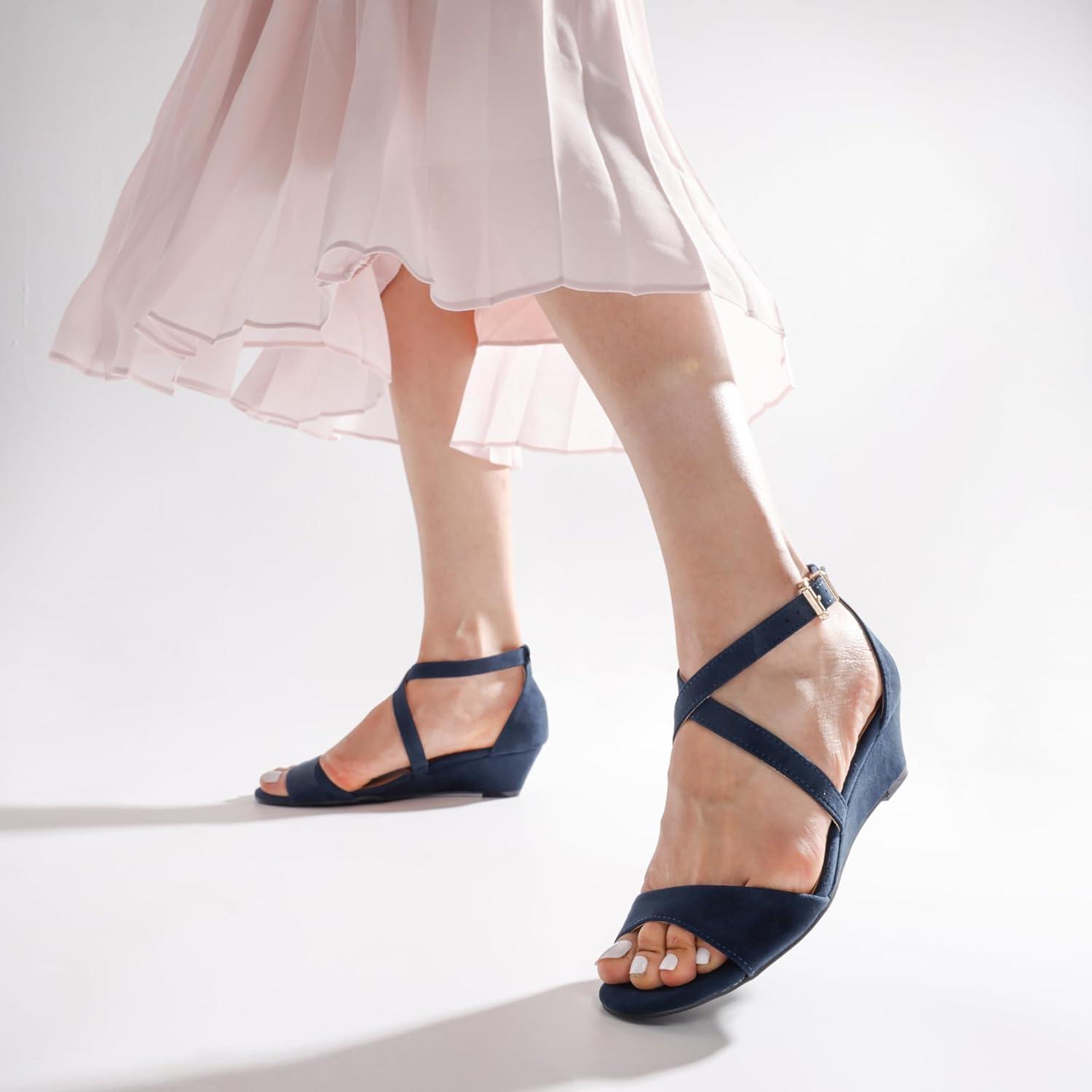 imageDREAM PAIRS Womens Low Wedge Sandals Ankle Strap Heel Sandal Open Toe Wide Dress Summer ShoesNavy Suede