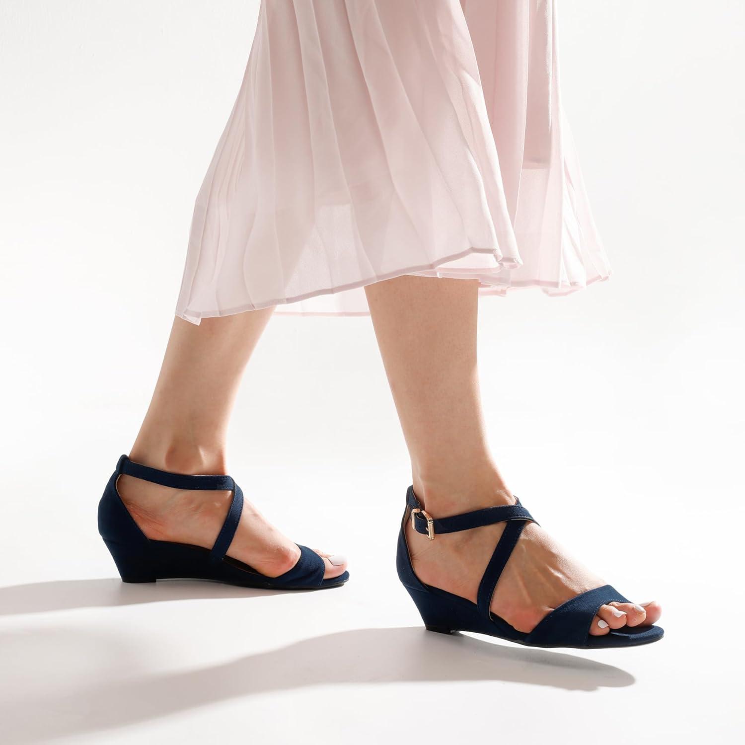imageDREAM PAIRS Womens Low Wedge Sandals Ankle Strap Heel Sandal Open Toe Wide Dress Summer ShoesNavy Suede