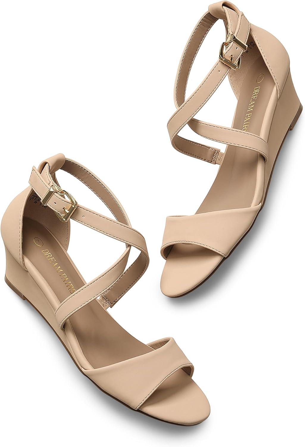 imageDREAM PAIRS Womens Low Wedge Sandals Ankle Strap Heel Sandal Open Toe Wide Dress Summer ShoesNudenubuck