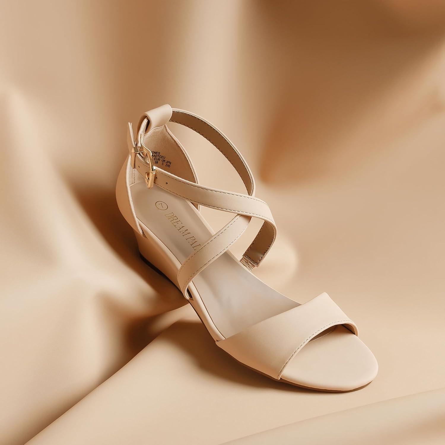 imageDREAM PAIRS Womens Low Wedge Sandals Ankle Strap Heel Sandal Open Toe Wide Dress Summer ShoesNudenubuck