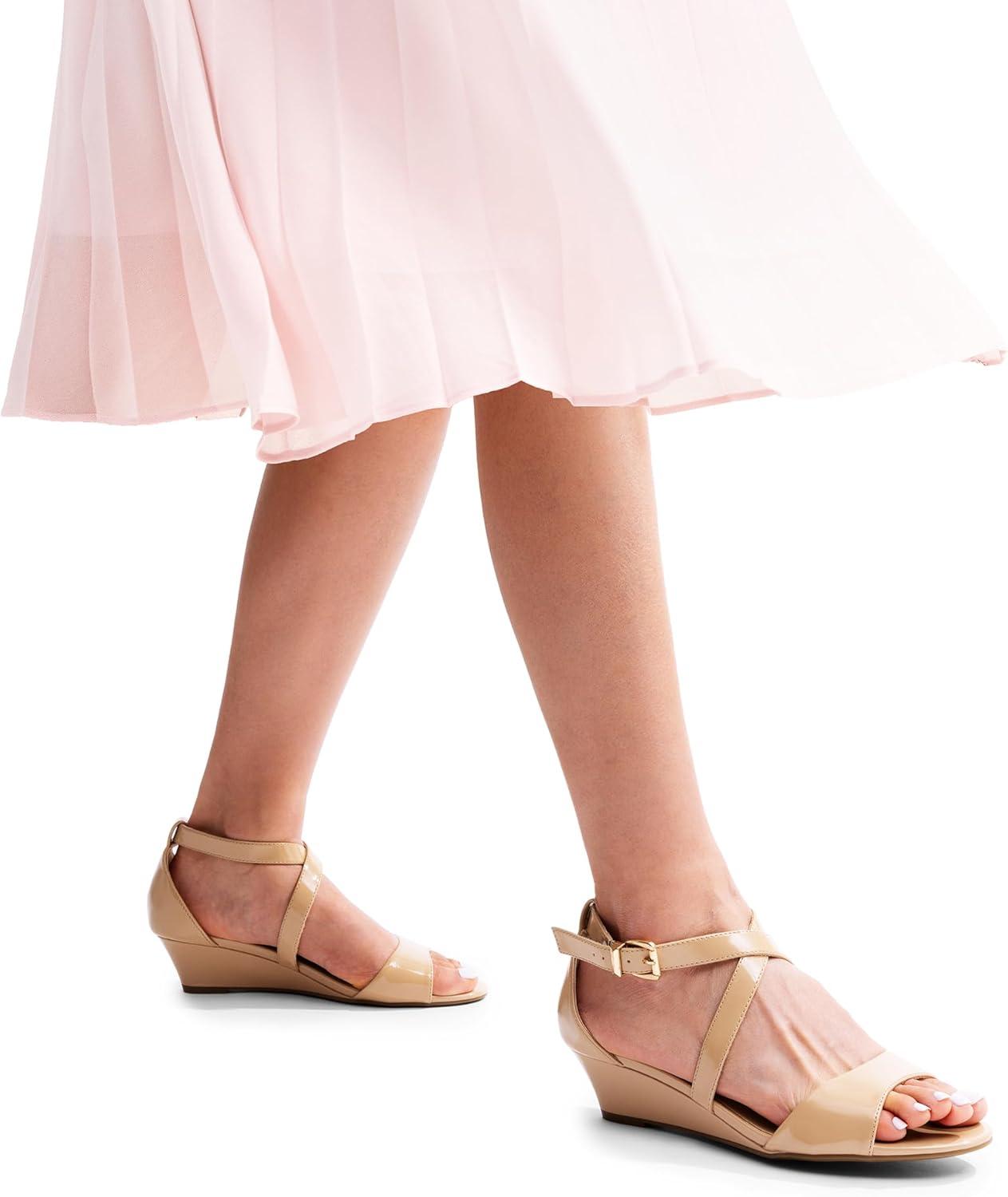 imageDREAM PAIRS Womens Low Wedge Sandals Ankle Strap Heel Sandal Open Toe Wide Dress Summer ShoesNudepat1