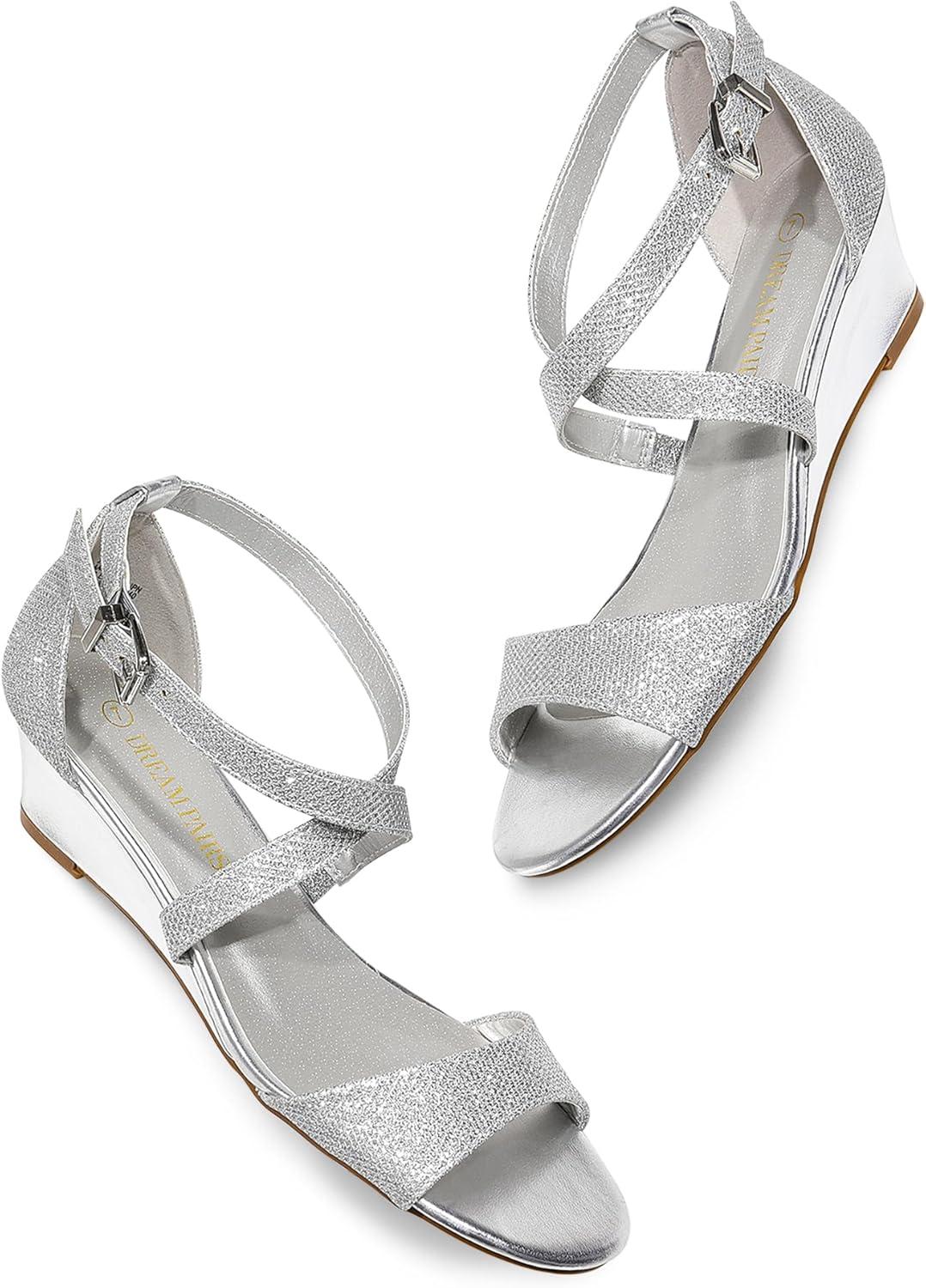 imageDREAM PAIRS Womens Low Wedge Sandals Ankle Strap Heel Sandal Open Toe Wide Dress Summer ShoesSilver