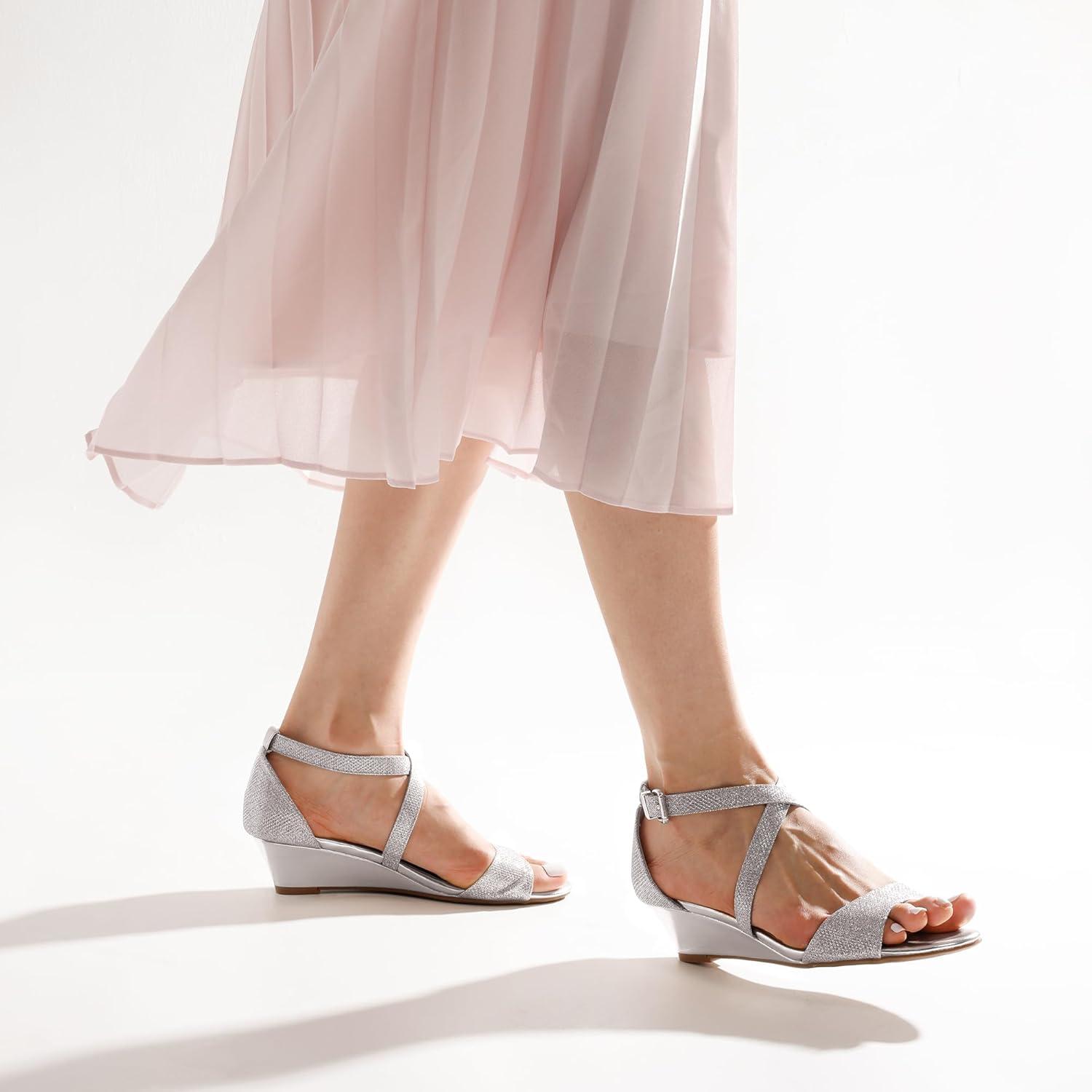 imageDREAM PAIRS Womens Low Wedge Sandals Ankle Strap Heel Sandal Open Toe Wide Dress Summer ShoesSilver