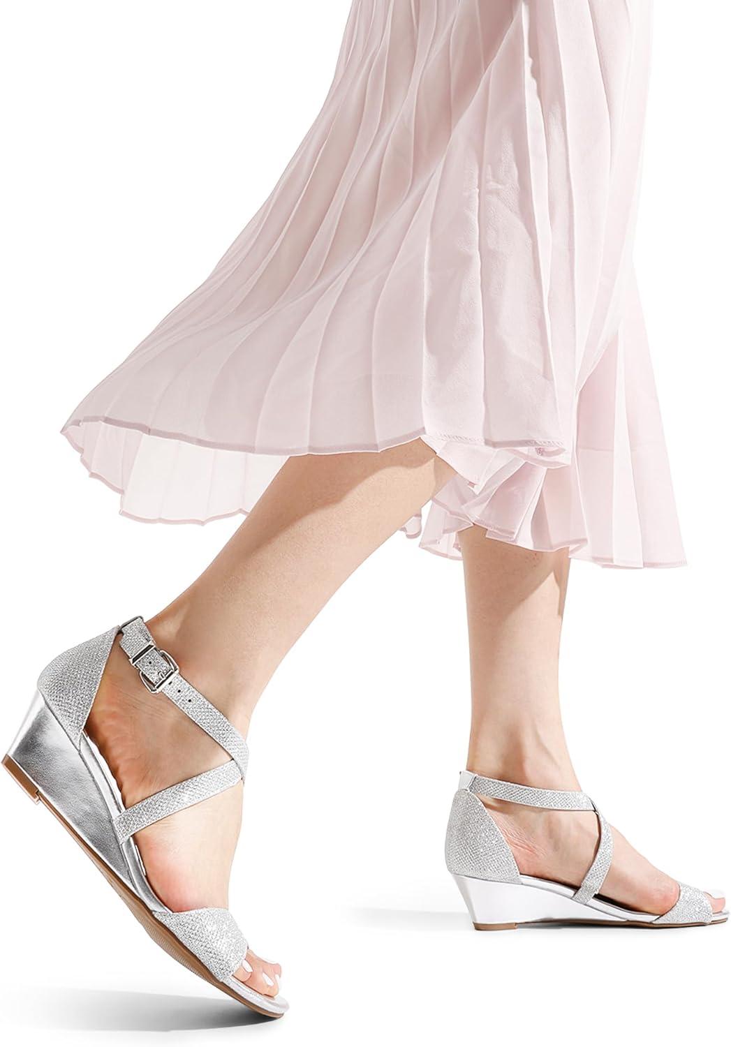 imageDREAM PAIRS Womens Low Wedge Sandals Ankle Strap Heel Sandal Open Toe Wide Dress Summer ShoesSilver