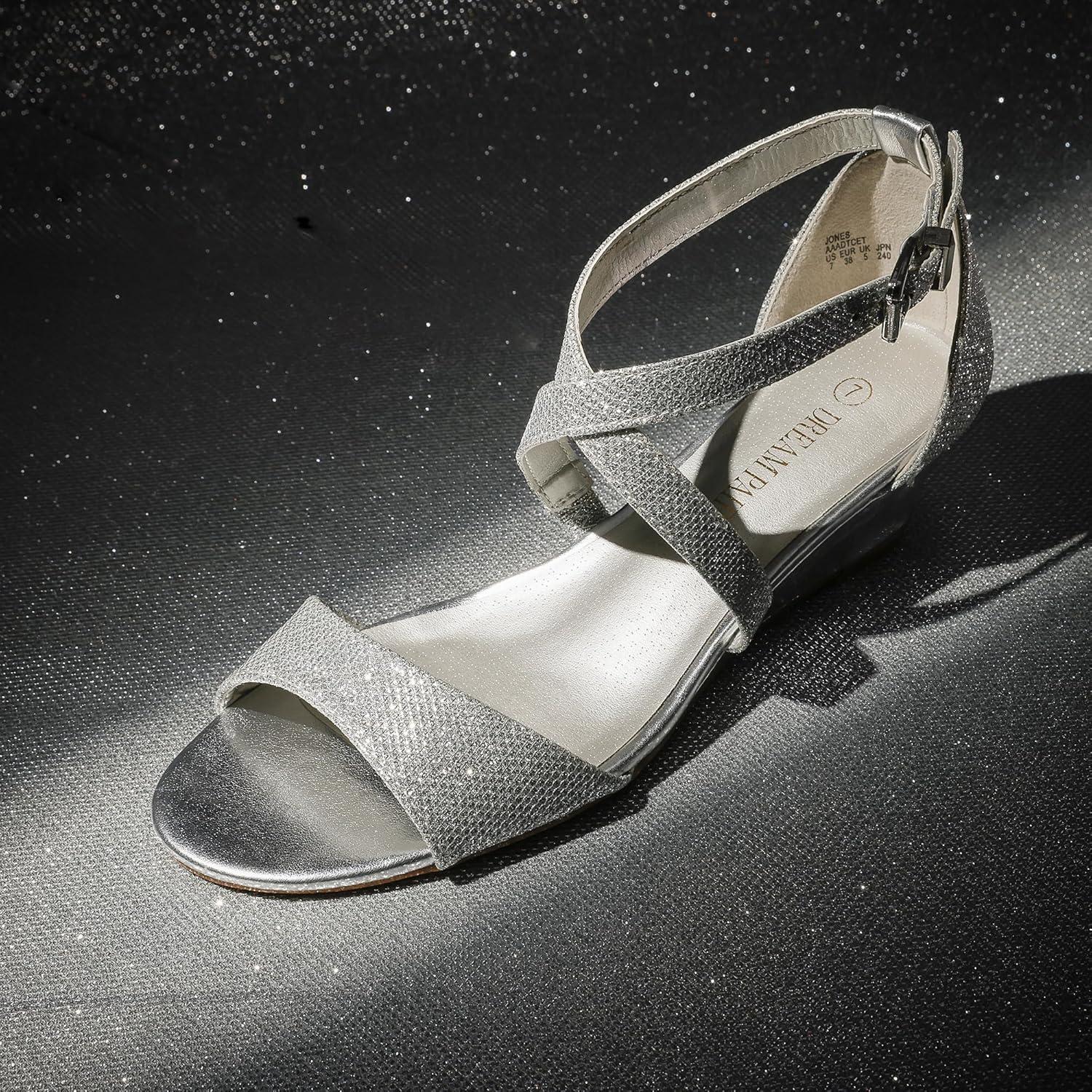 imageDREAM PAIRS Womens Low Wedge Sandals Ankle Strap Heel Sandal Open Toe Wide Dress Summer ShoesSilver