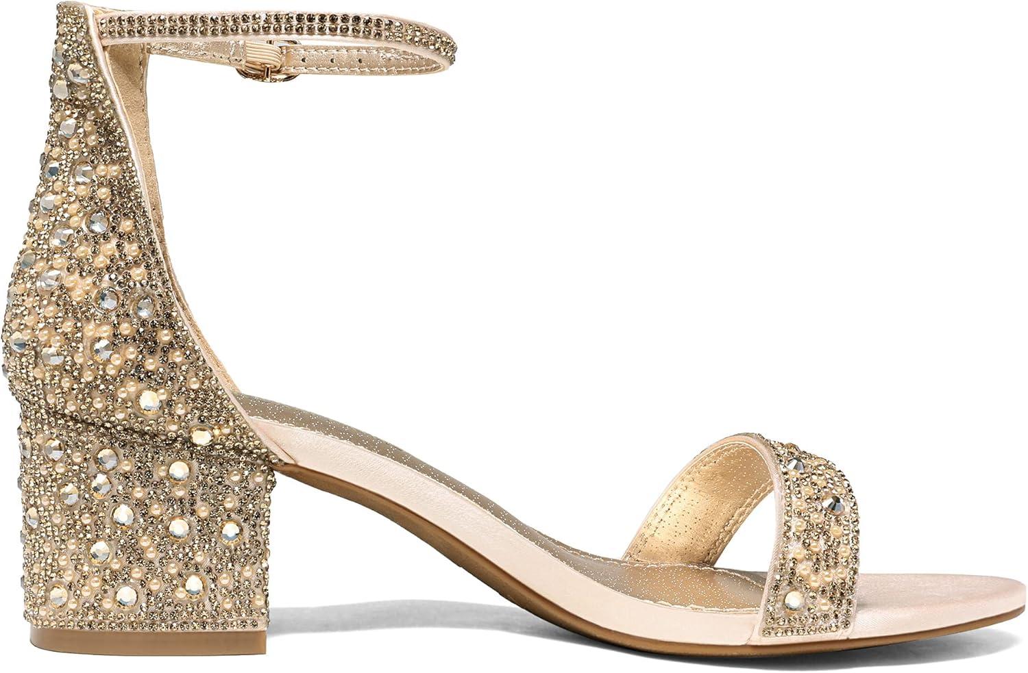 imageDREAM PAIRS Womens LowChunk Low Heel Pump SandalGoldRhinestone