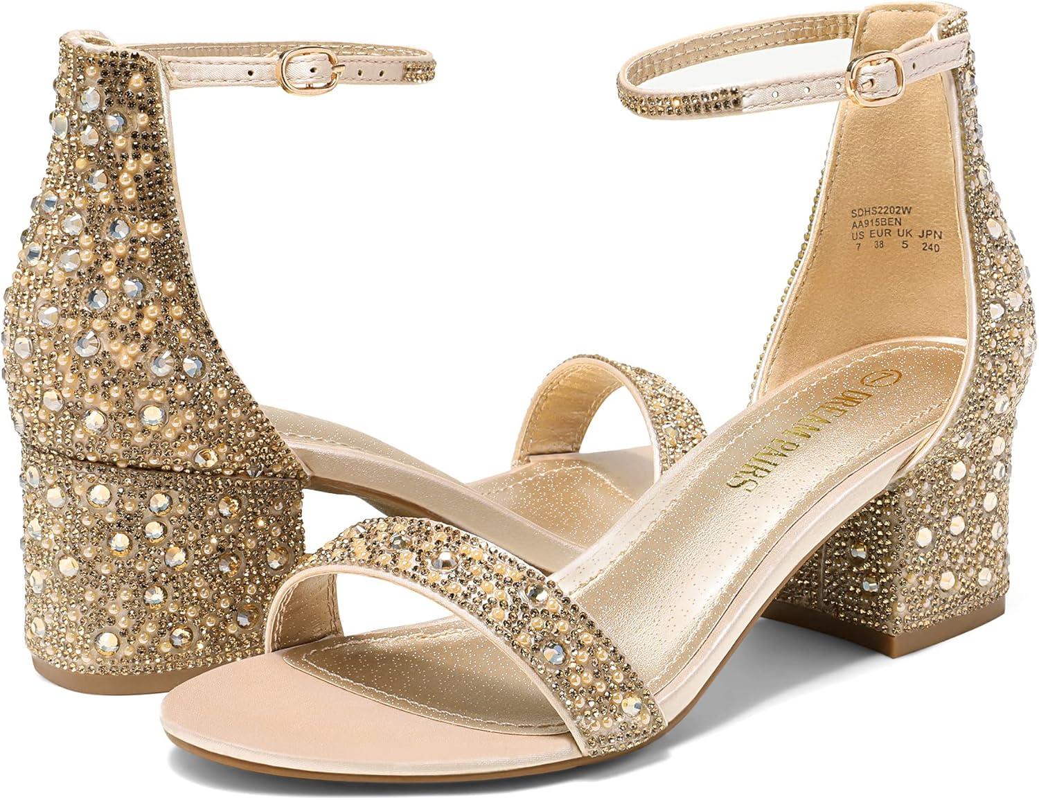 imageDREAM PAIRS Womens LowChunk Low Heel Pump SandalGoldRhinestone