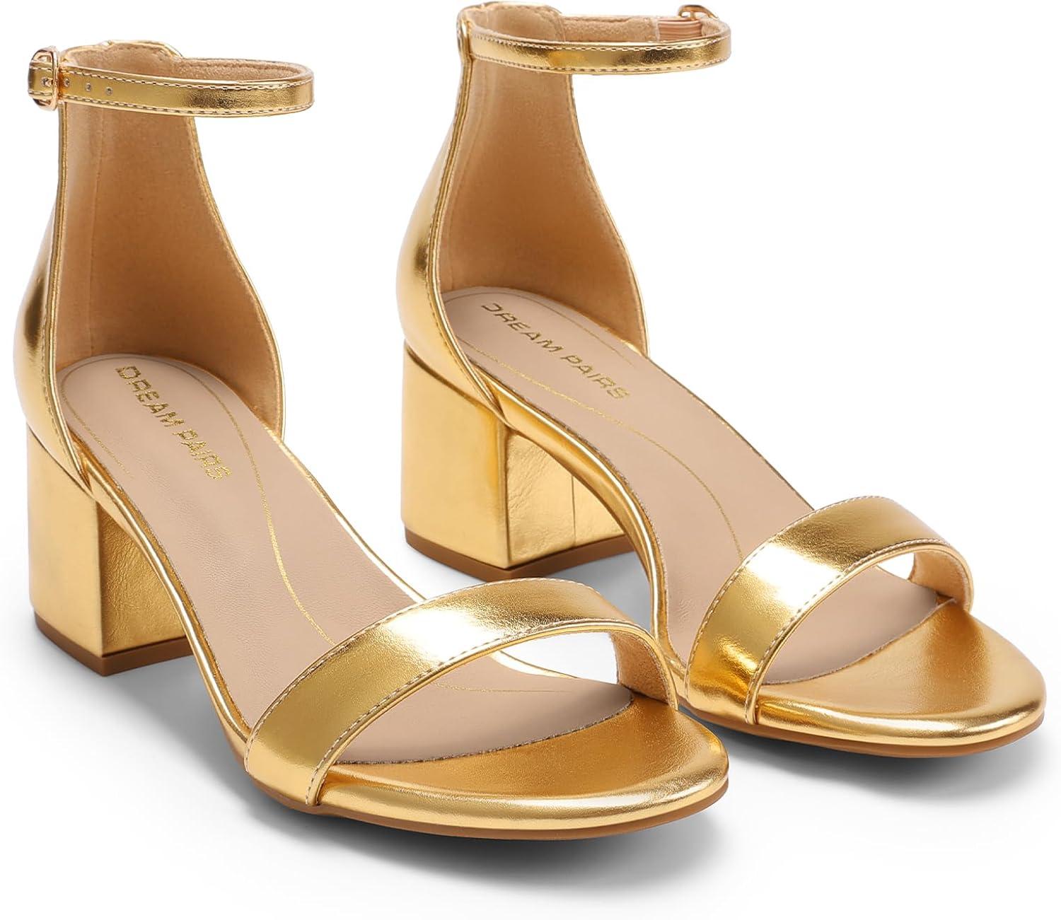 imageDREAM PAIRS Womens LowChunk Low Heel Pump SandalGoldmetallic
