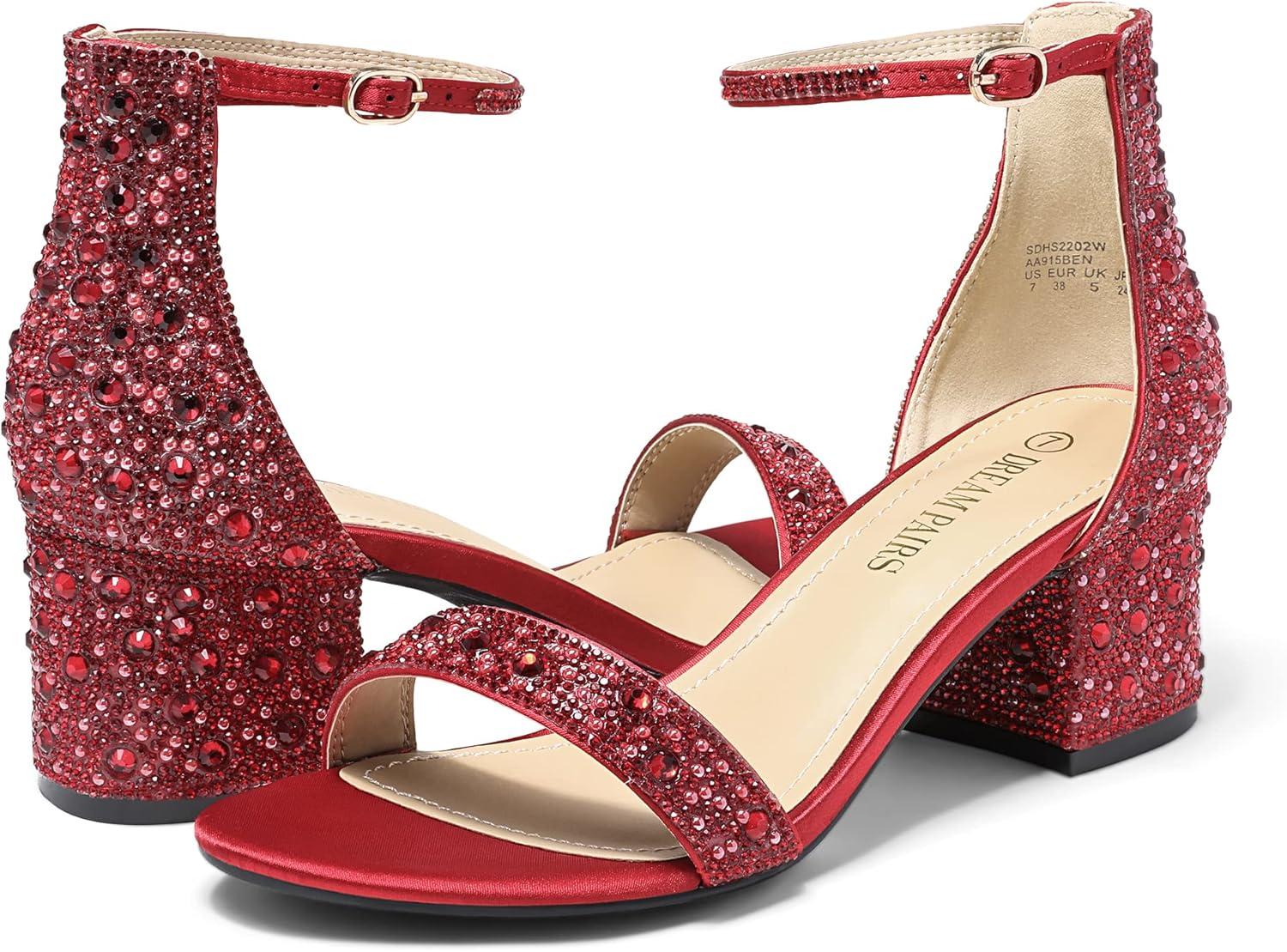 imageDREAM PAIRS Womens LowChunk Low Heel Pump SandalRedRhinestone