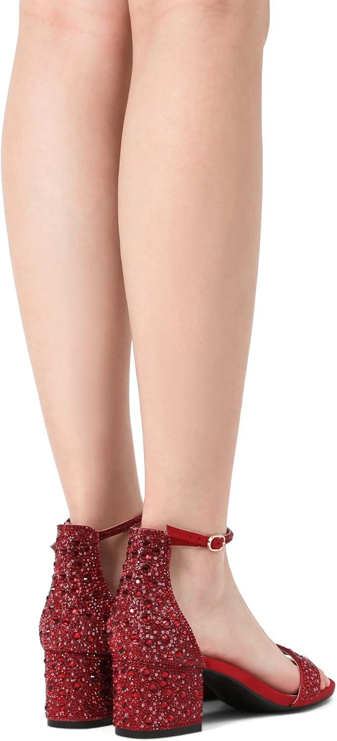 imageDREAM PAIRS Womens LowChunk Low Heel Pump SandalRedRhinestone