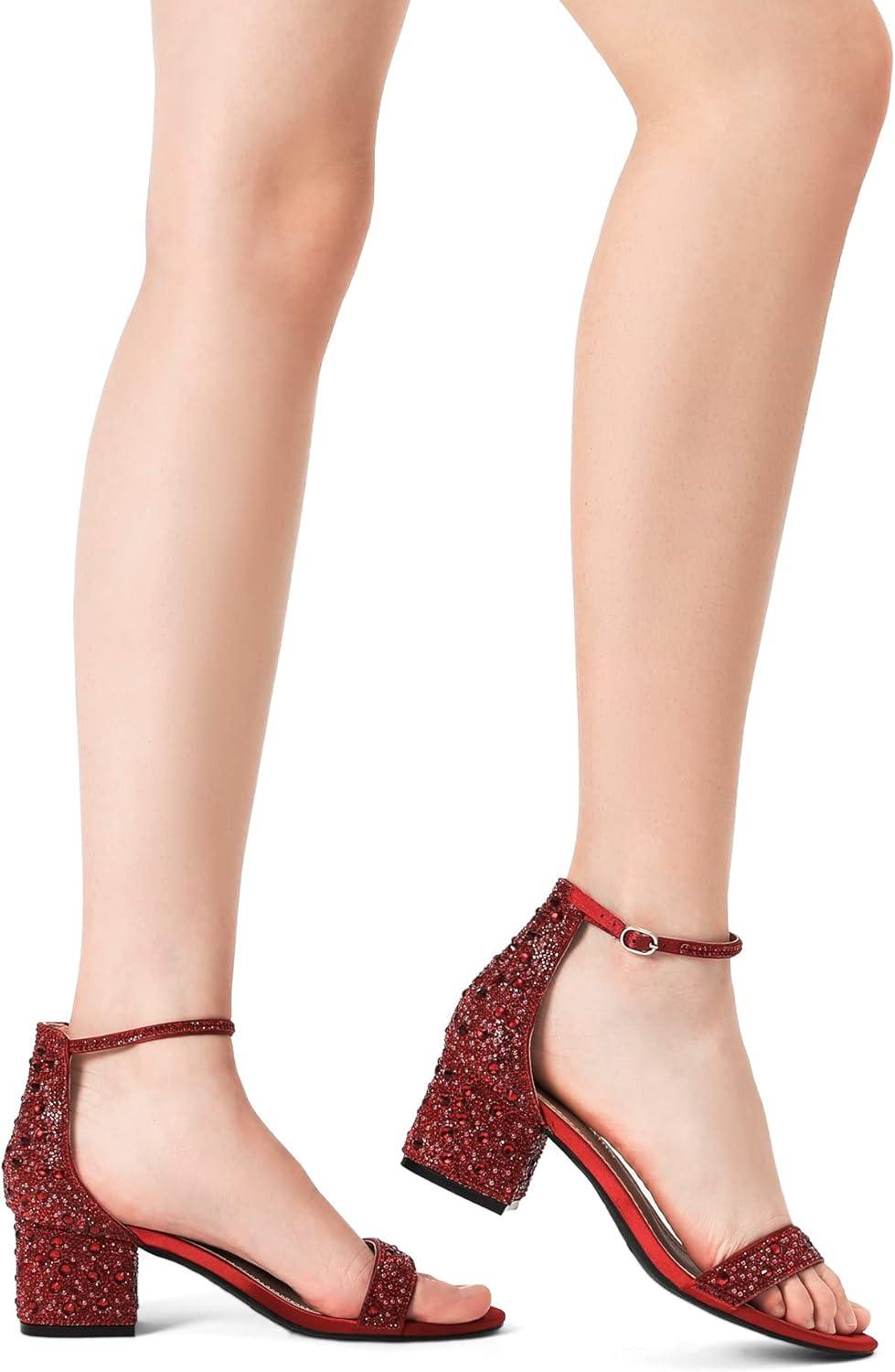 imageDREAM PAIRS Womens LowChunk Low Heel Pump SandalRedRhinestone