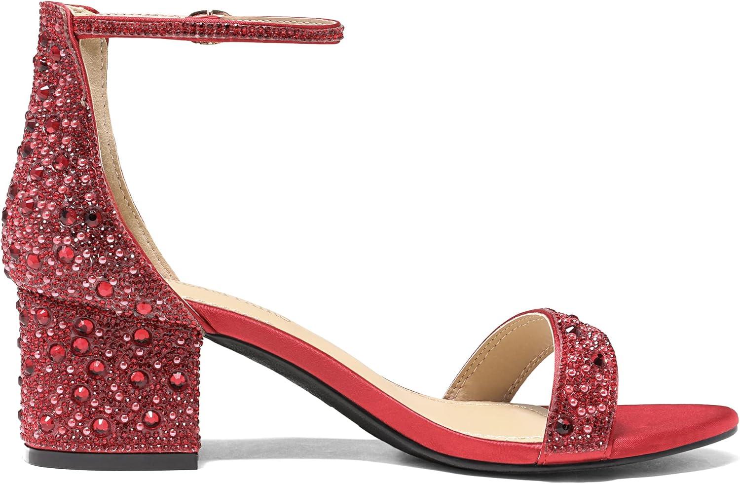 imageDREAM PAIRS Womens LowChunk Low Heel Pump SandalRedRhinestone