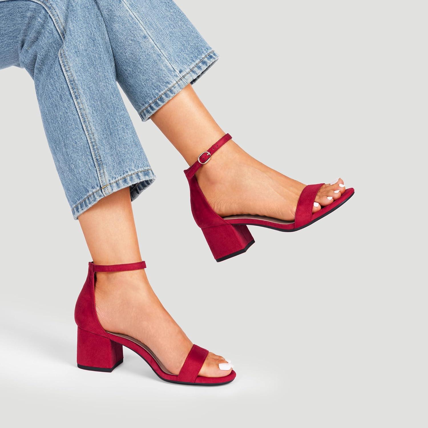 imageDREAM PAIRS Womens LowChunk Low Heel Pump SandalRedSuede