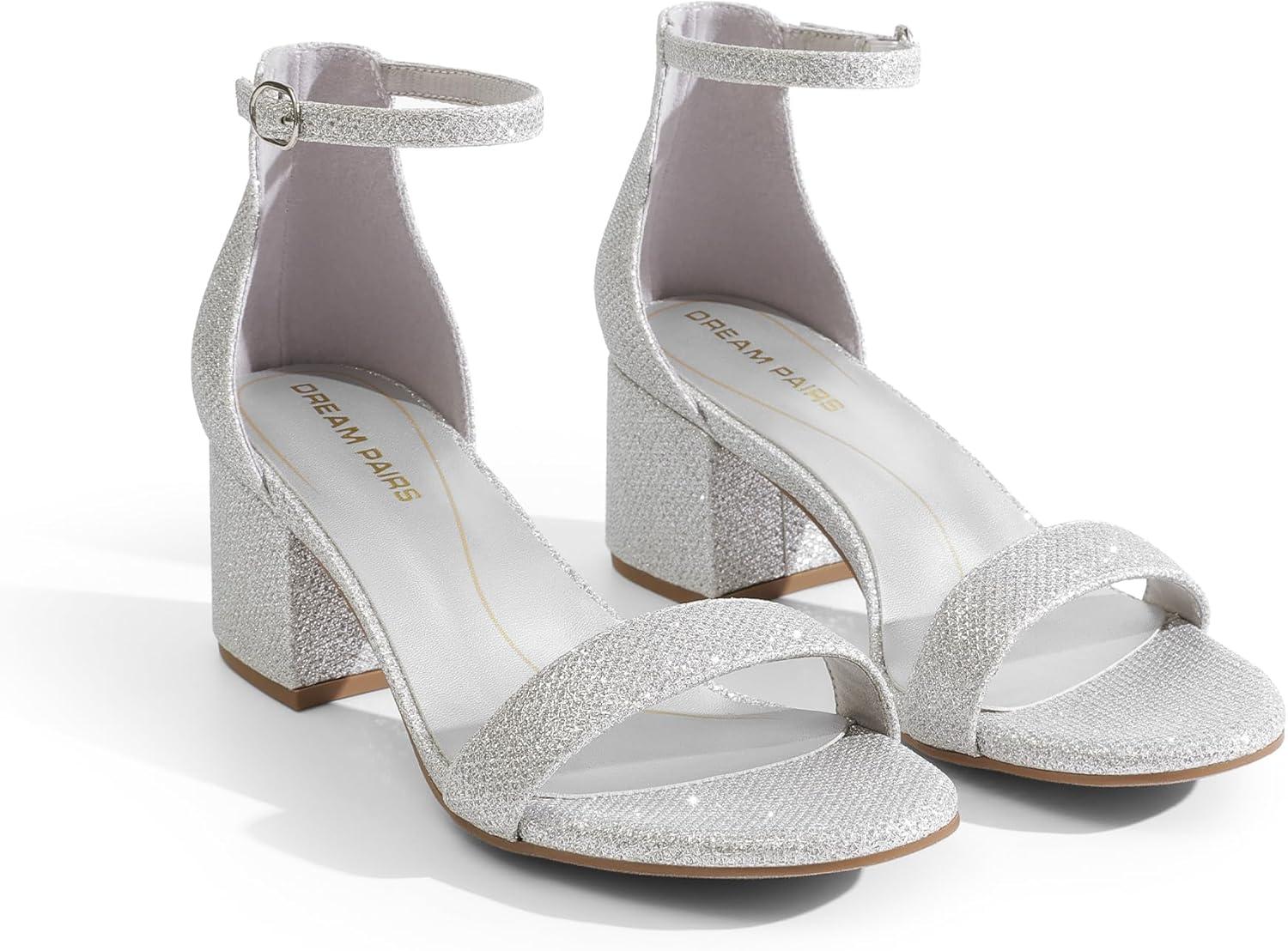imageDREAM PAIRS Womens LowChunk Low Heel Pump SandalSilverGlitter