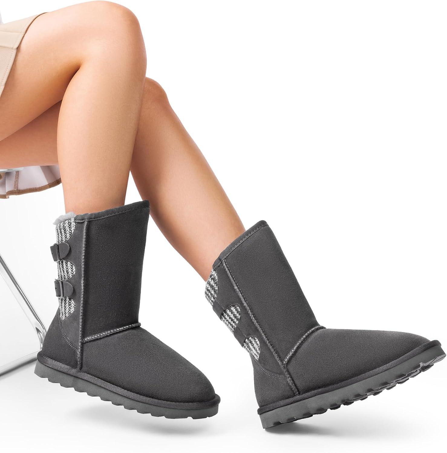 imageDREAM PAIRS Womens Mid Calf Winter Snow Boots Fashion FuzzyChic Buckle BootiesGrey