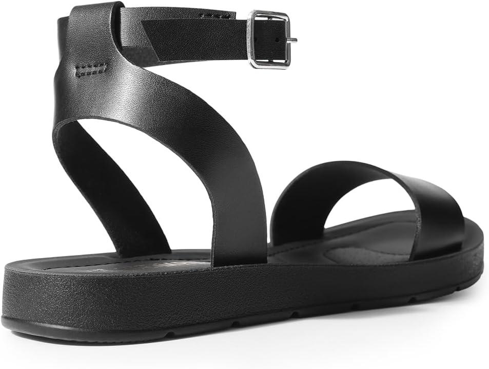 imageDREAM PAIRS Womens One Band Ankle Strap Buckle Flat SandalsAll Blackpu